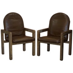 Pair of Original Midcentury Vintage Aged Brown Leather John Makepeace Armchairs