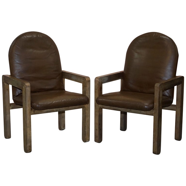 Pair Of Original Midcentury Vintage Aged Brown Leather John