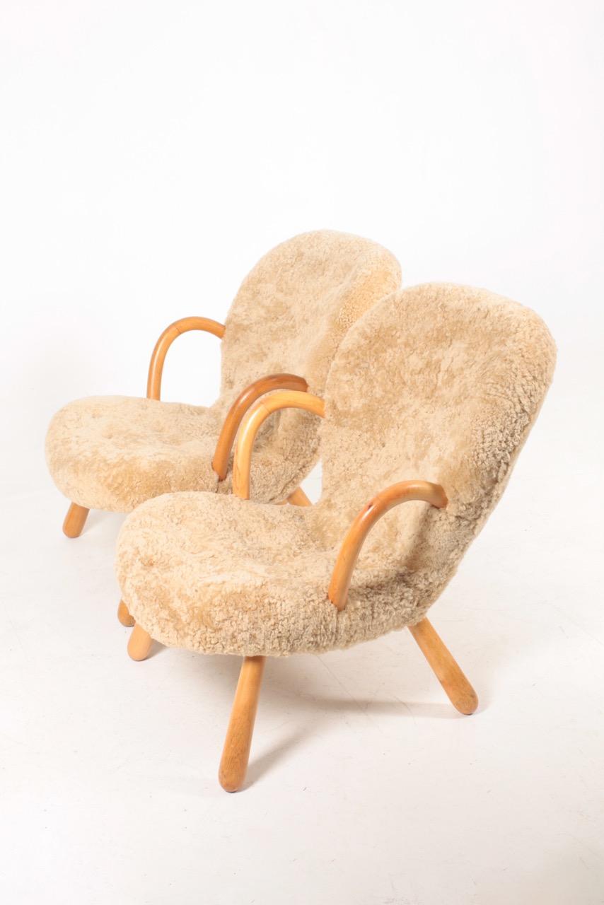 Sheepskin Pair of Original Midcentury Clam Chairs, Made in Denmark, 1940s