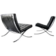 Vintage Pair of Original Mies Van Der Rohe Barcelona Chairs with Ottoman for Knoll