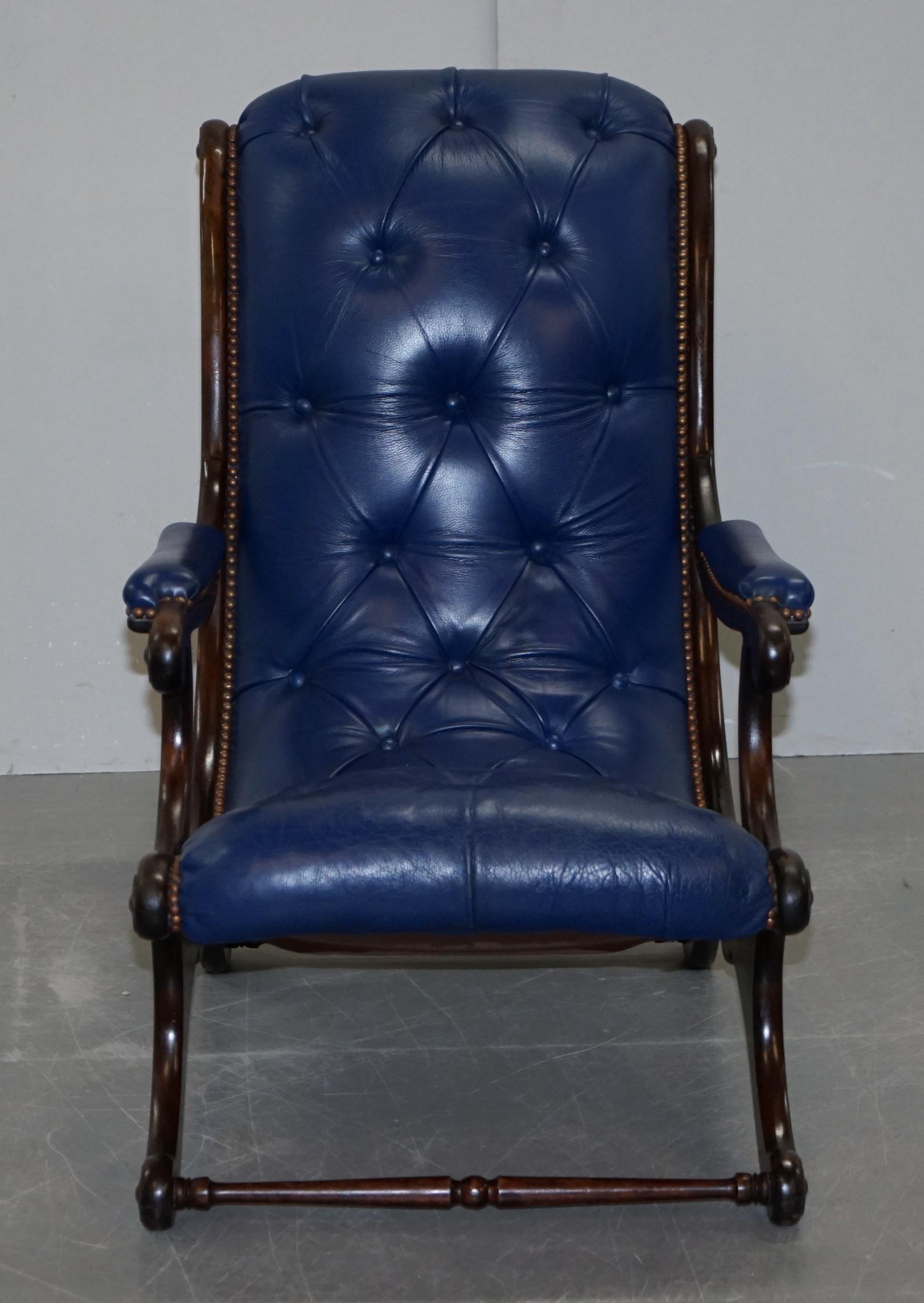 Pair of Original Napoleonic Royal Blue Chesterfield Library Reading Armchairs 5