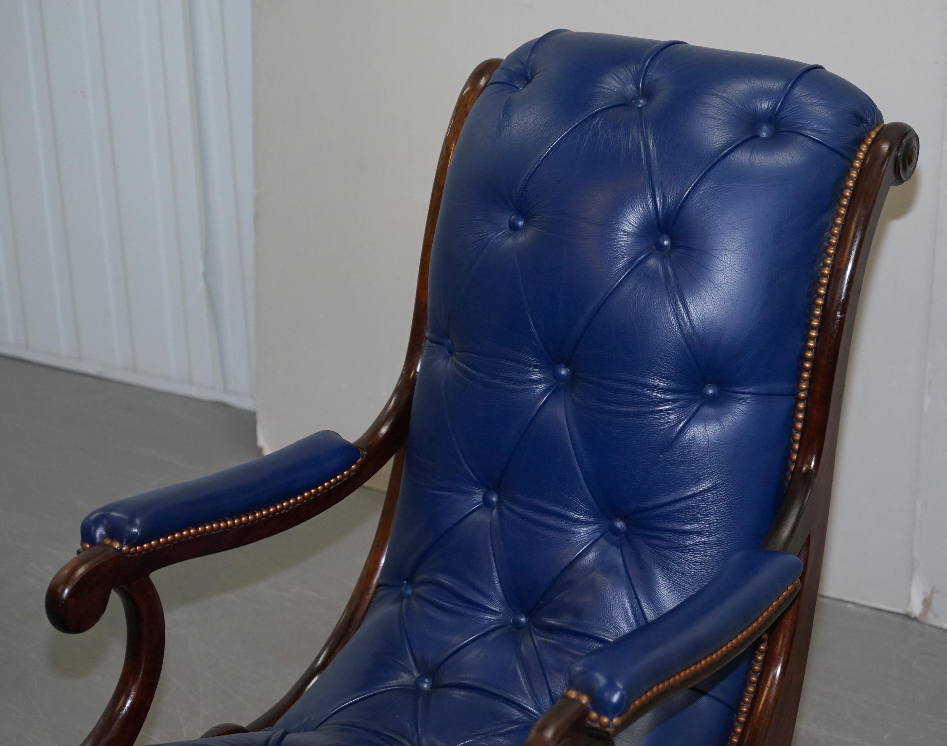 Pair of Original Napoleonic Royal Blue Chesterfield Library Reading Armchairs 6