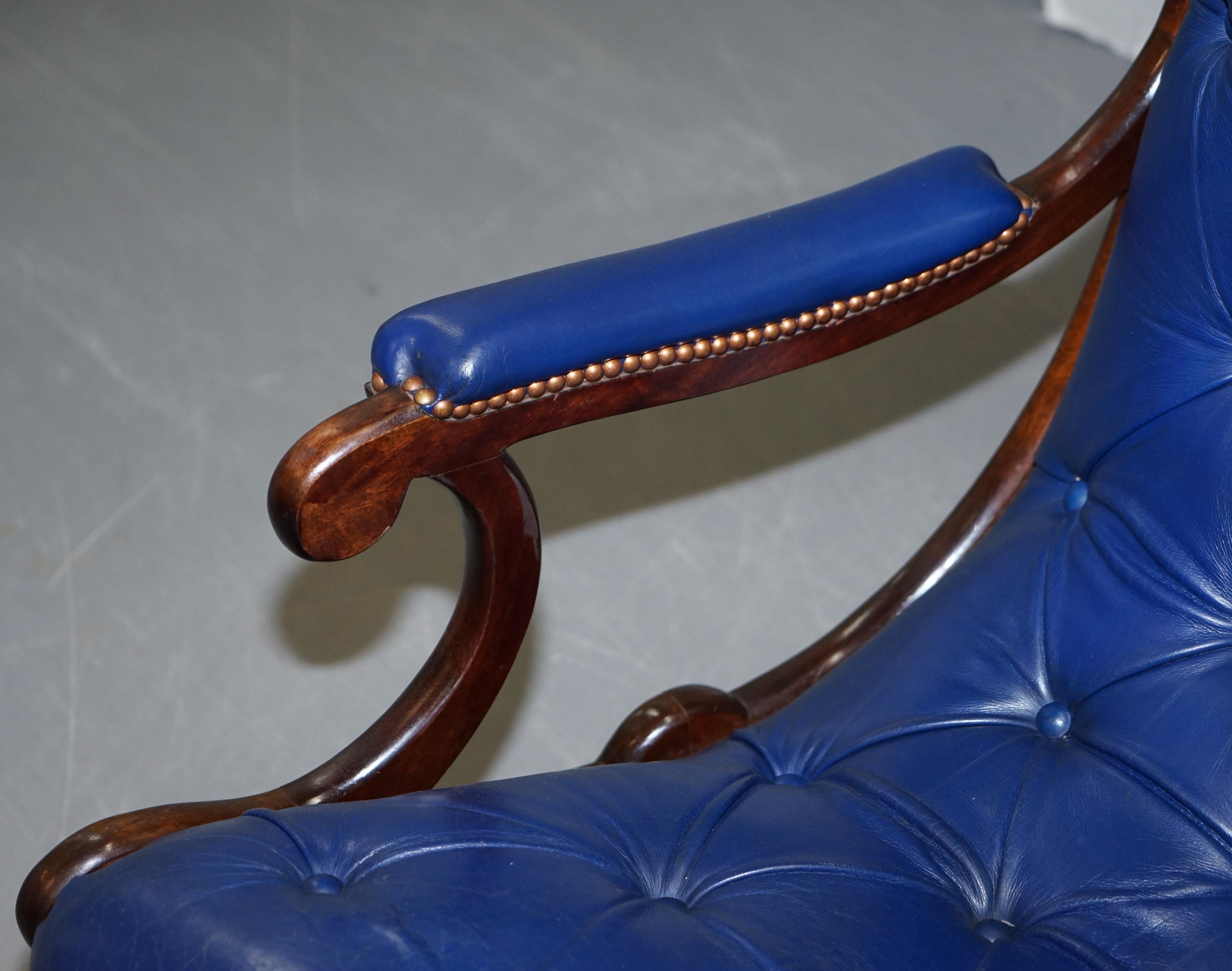 Pair of Original Napoleonic Royal Blue Chesterfield Library Reading Armchairs 8