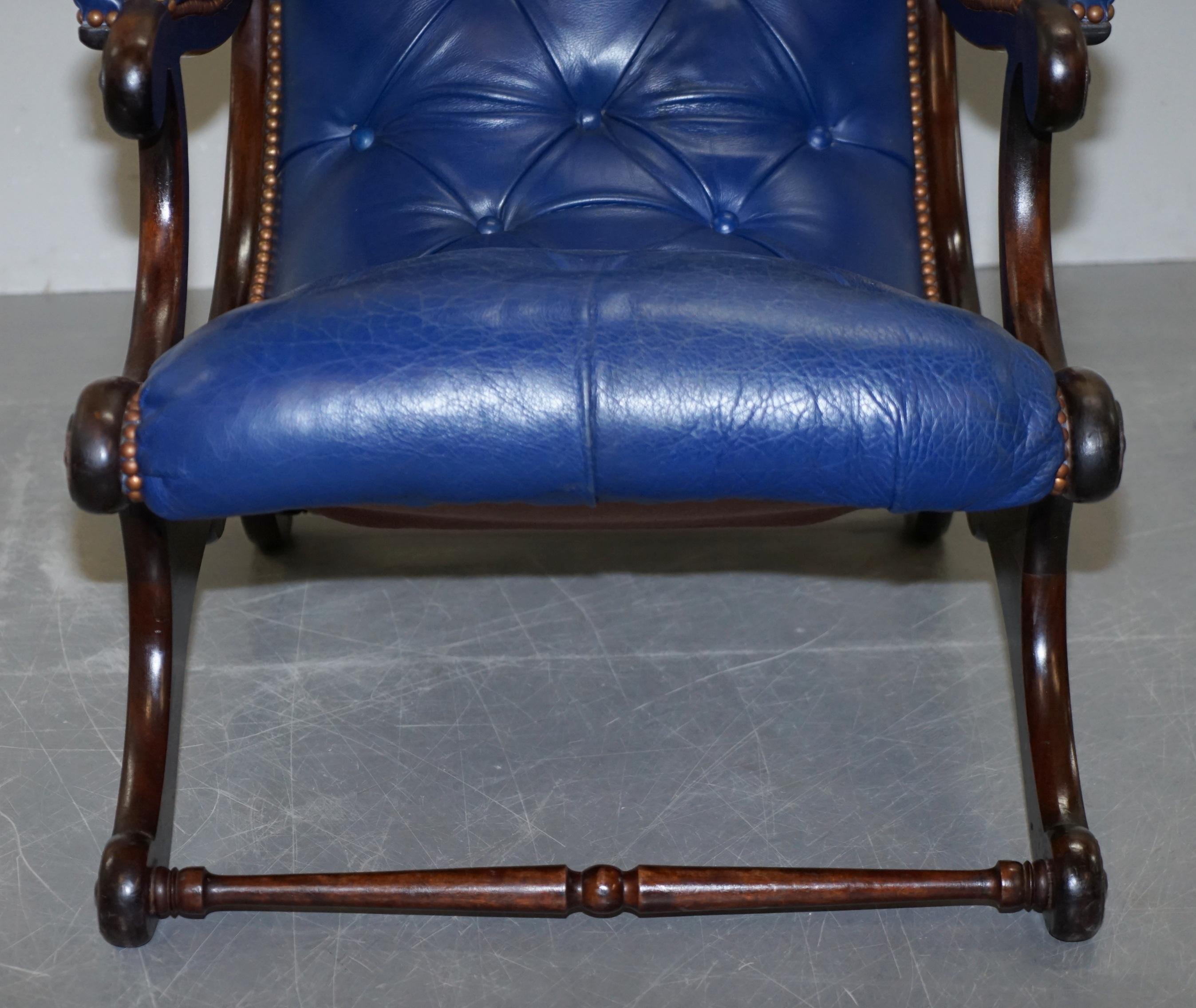 Pair of Original Napoleonic Royal Blue Chesterfield Library Reading Armchairs 9