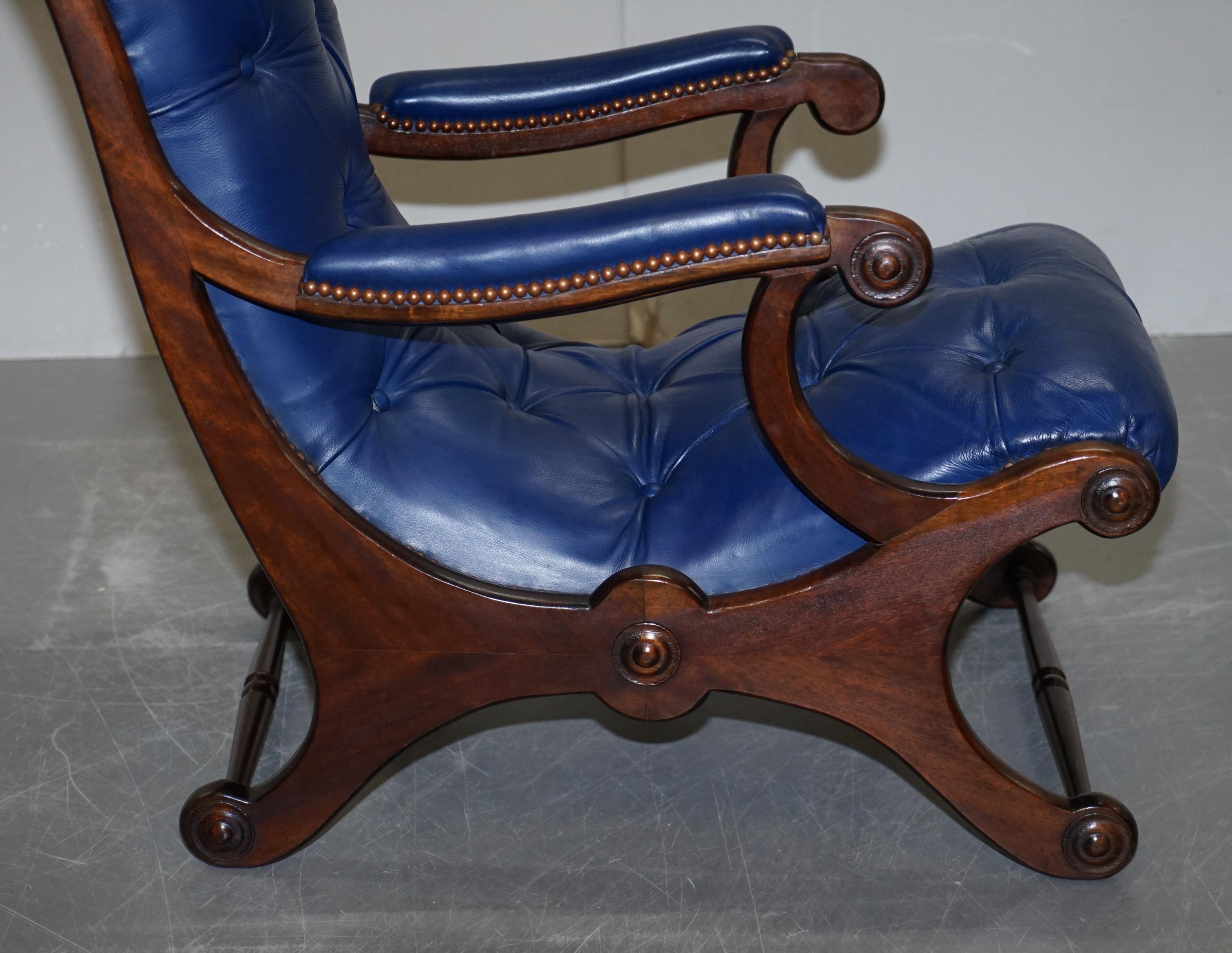 Pair of Original Napoleonic Royal Blue Chesterfield Library Reading Armchairs 11
