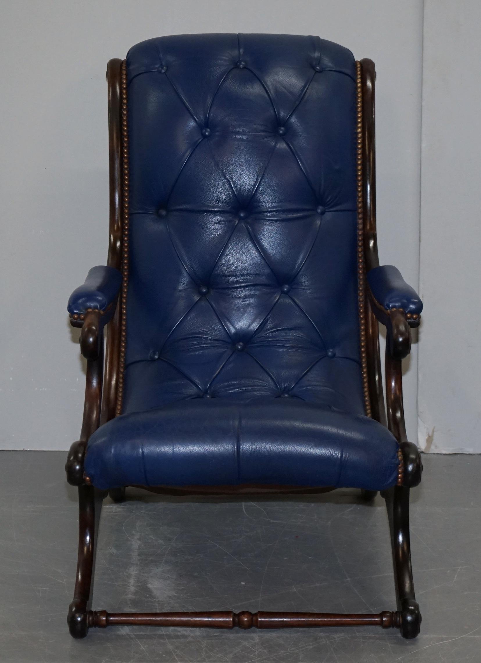 Late Victorian Pair of Original Napoleonic Royal Blue Chesterfield Library Reading Armchairs