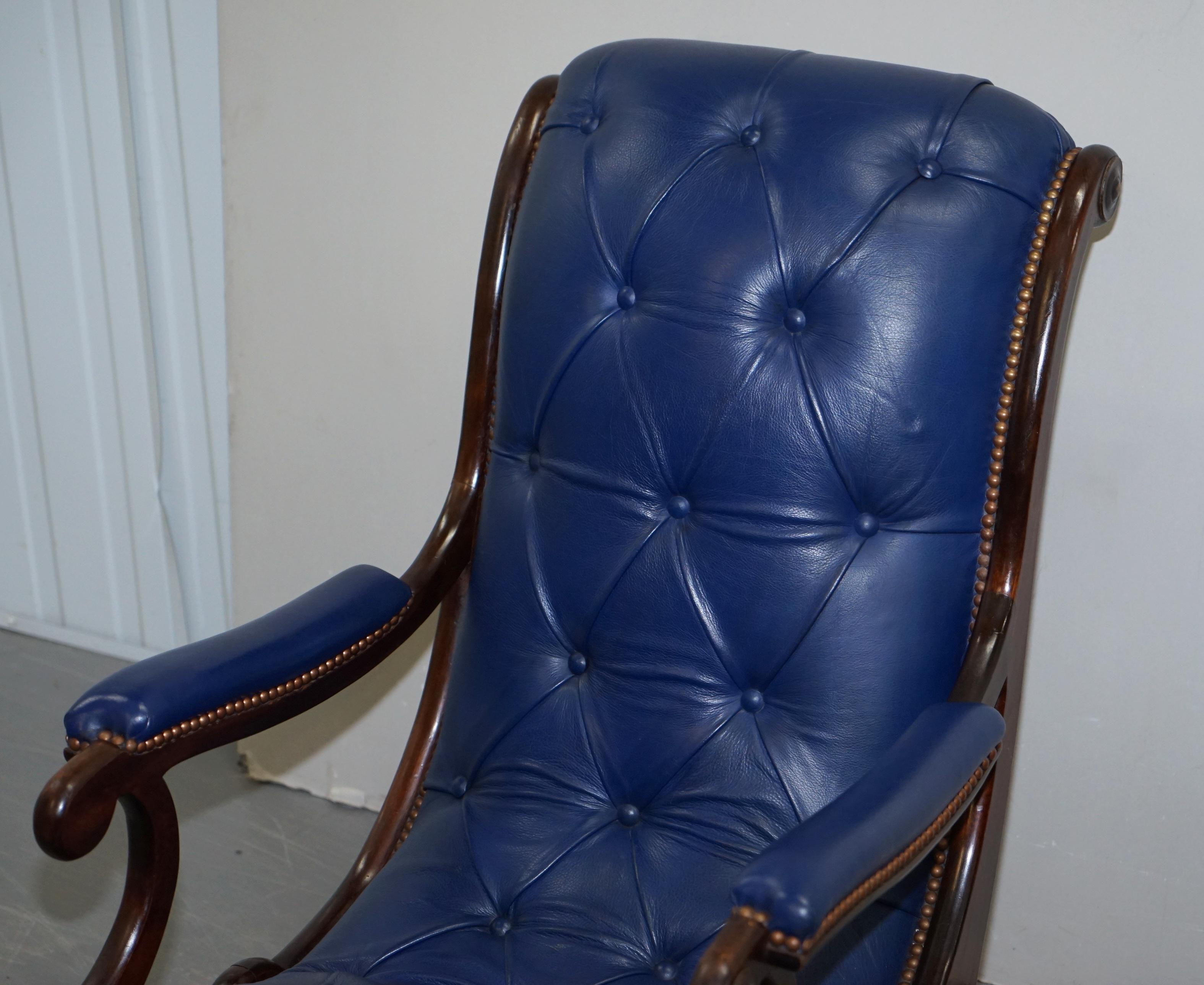 English Pair of Original Napoleonic Royal Blue Chesterfield Library Reading Armchairs