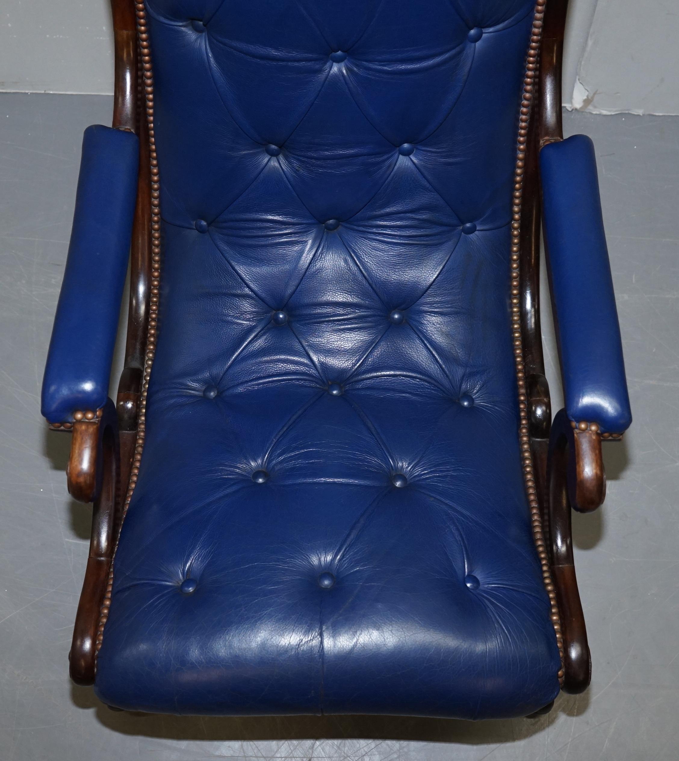 Hand-Crafted Pair of Original Napoleonic Royal Blue Chesterfield Library Reading Armchairs