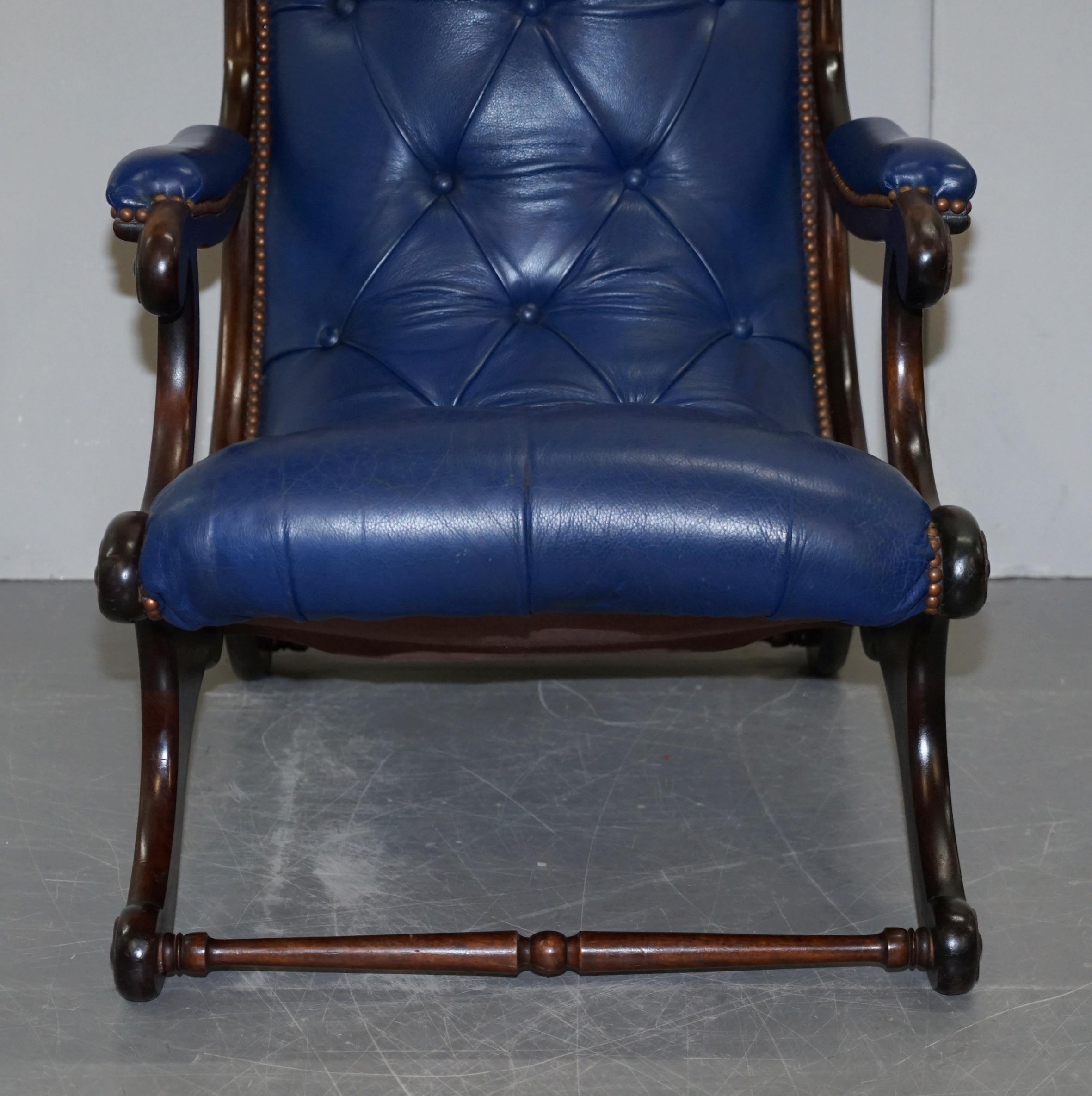 19th Century Pair of Original Napoleonic Royal Blue Chesterfield Library Reading Armchairs