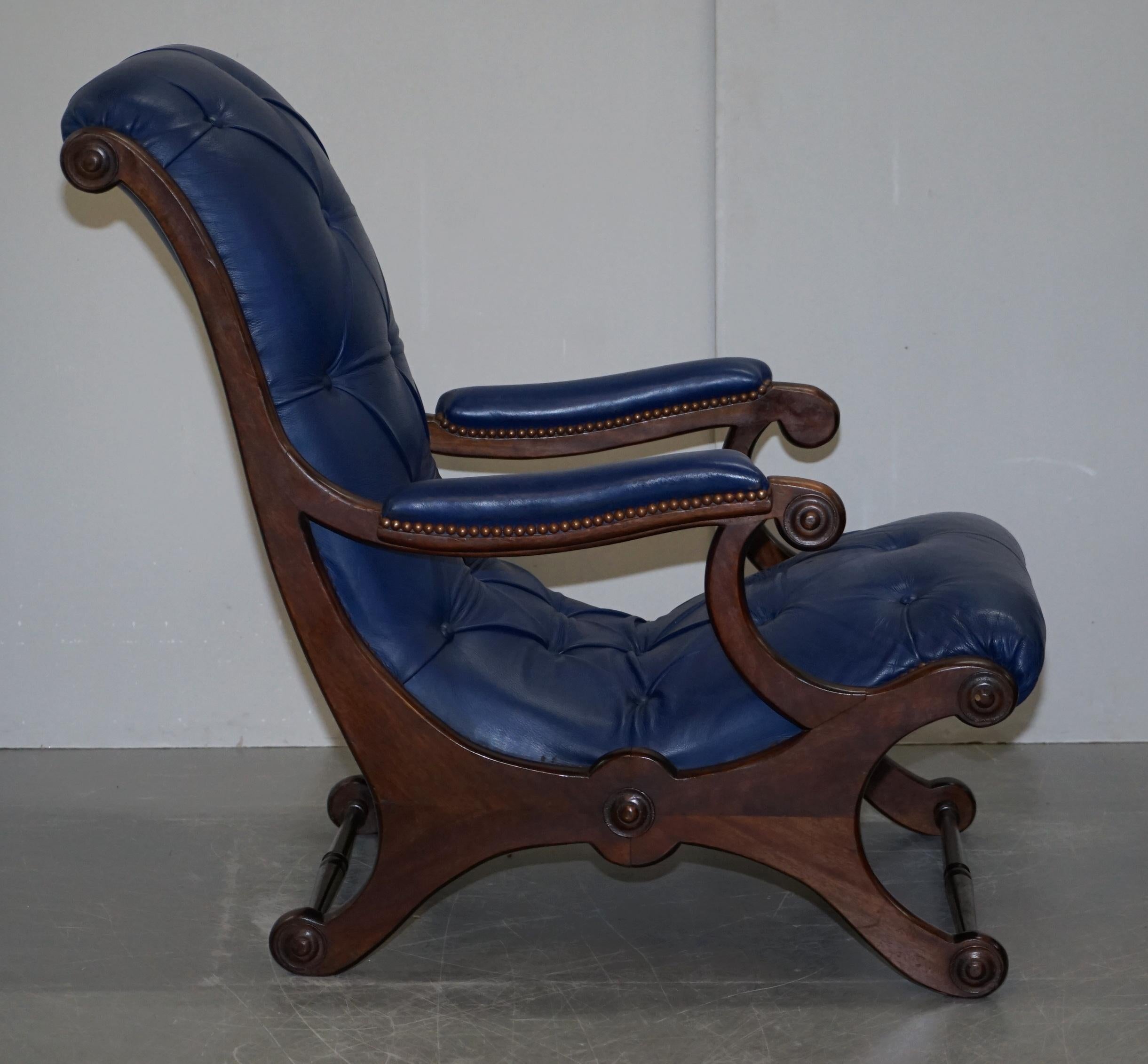 Leather Pair of Original Napoleonic Royal Blue Chesterfield Library Reading Armchairs