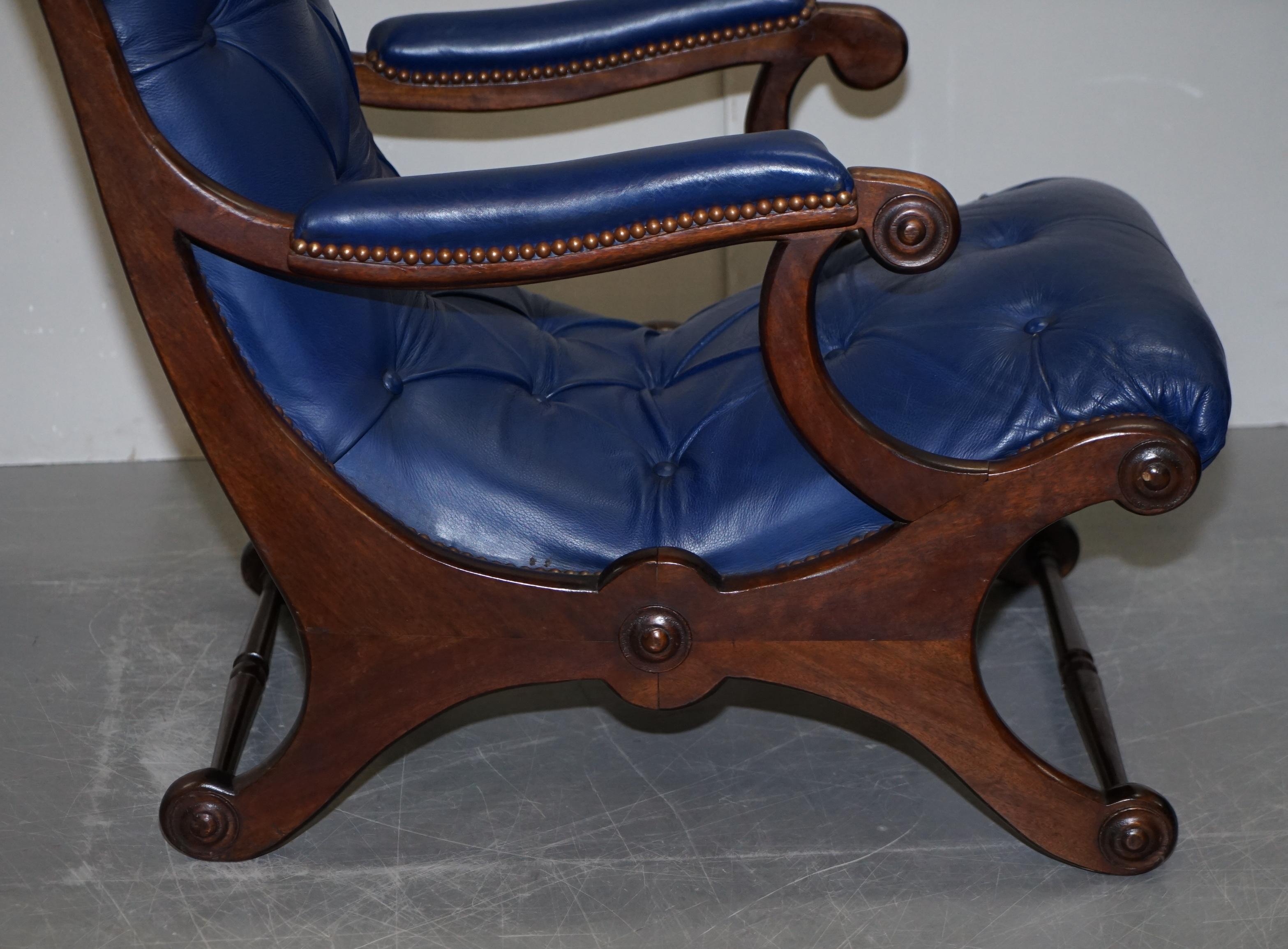 Pair of Original Napoleonic Royal Blue Chesterfield Library Reading Armchairs 1