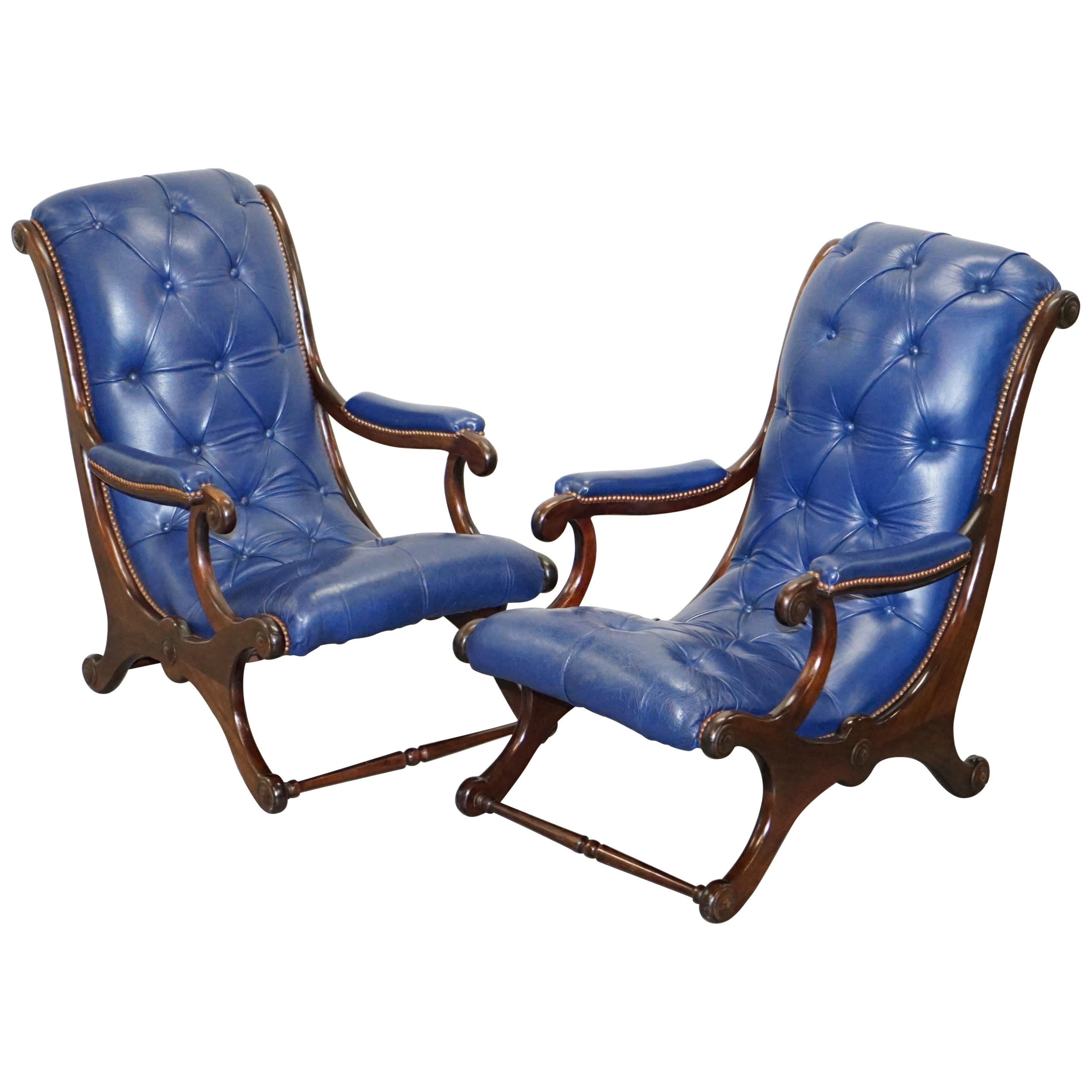 Pair of Original Napoleonic Royal Blue Chesterfield Library Reading Armchairs