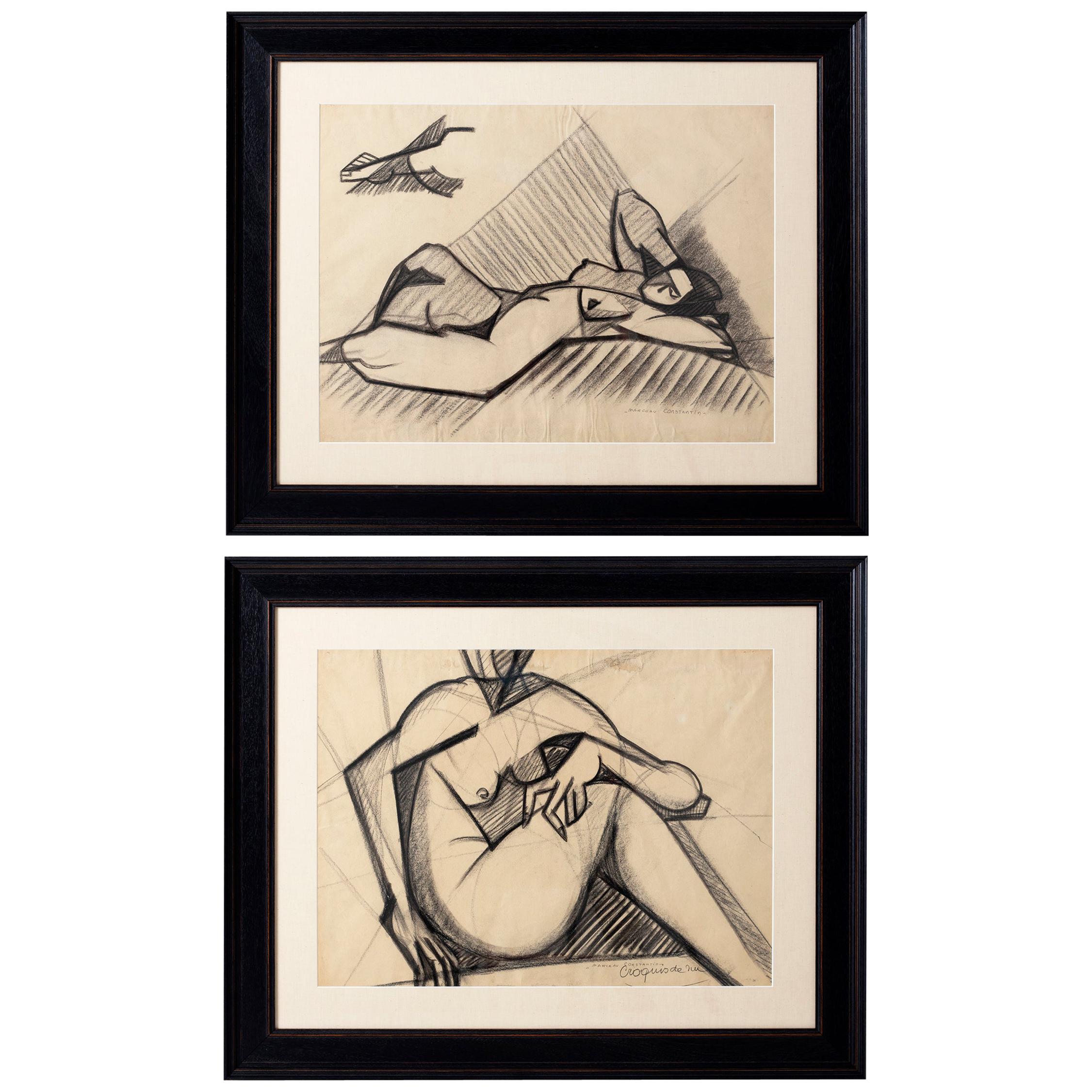 Pair of Original Nude Drawings by Marceau Constantin