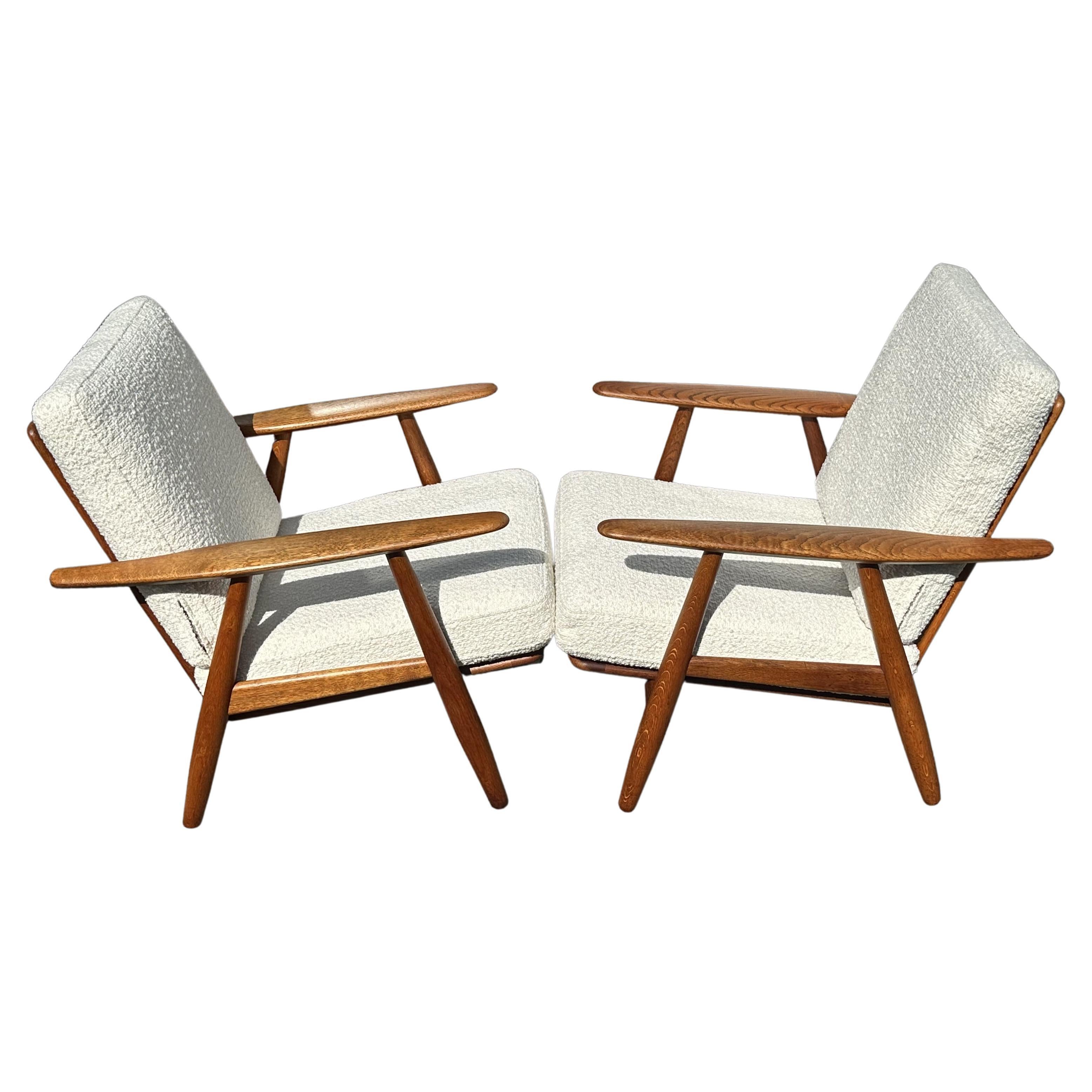 Pair of Original Oak and Bouclé Cigar Chairs by Hans J Wegner for GETAMA  For Sale