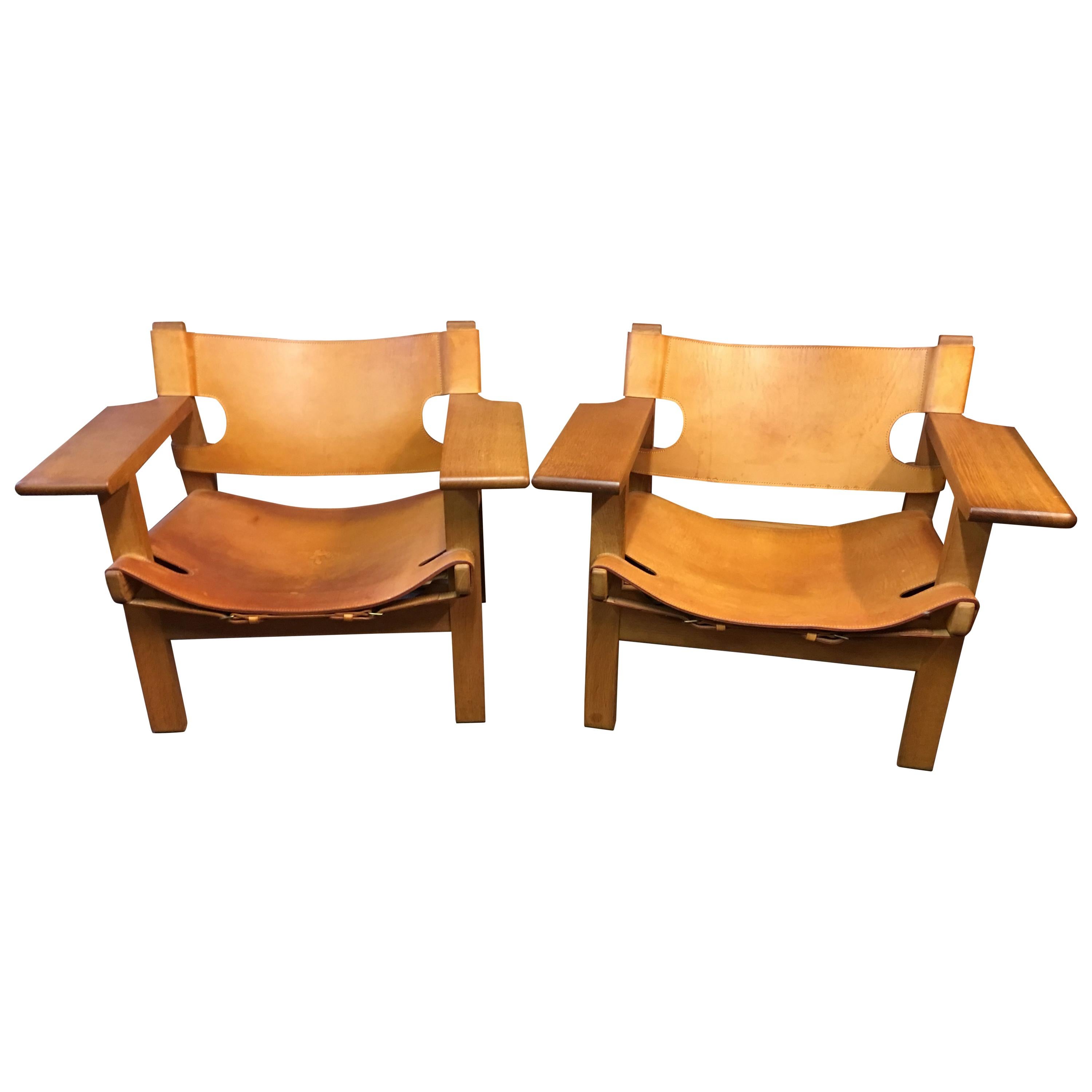 Pair of Original Oak and Saddle Leather 
Spanish Chairs
 by Borge Mogensen