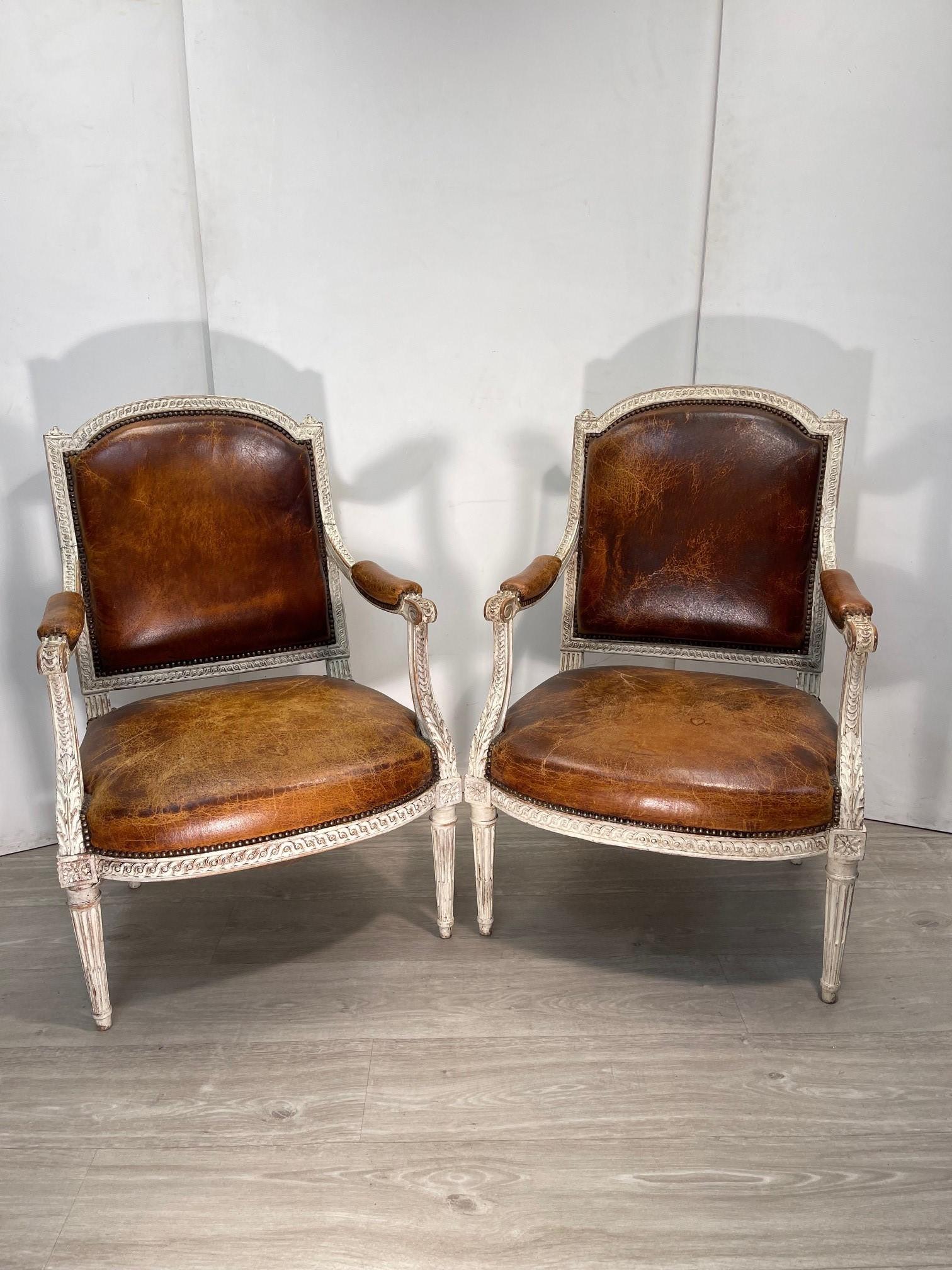 Hand-Crafted Pair Of Original Paint Antique Napoleon III Heritage Brown Leather Armchairs