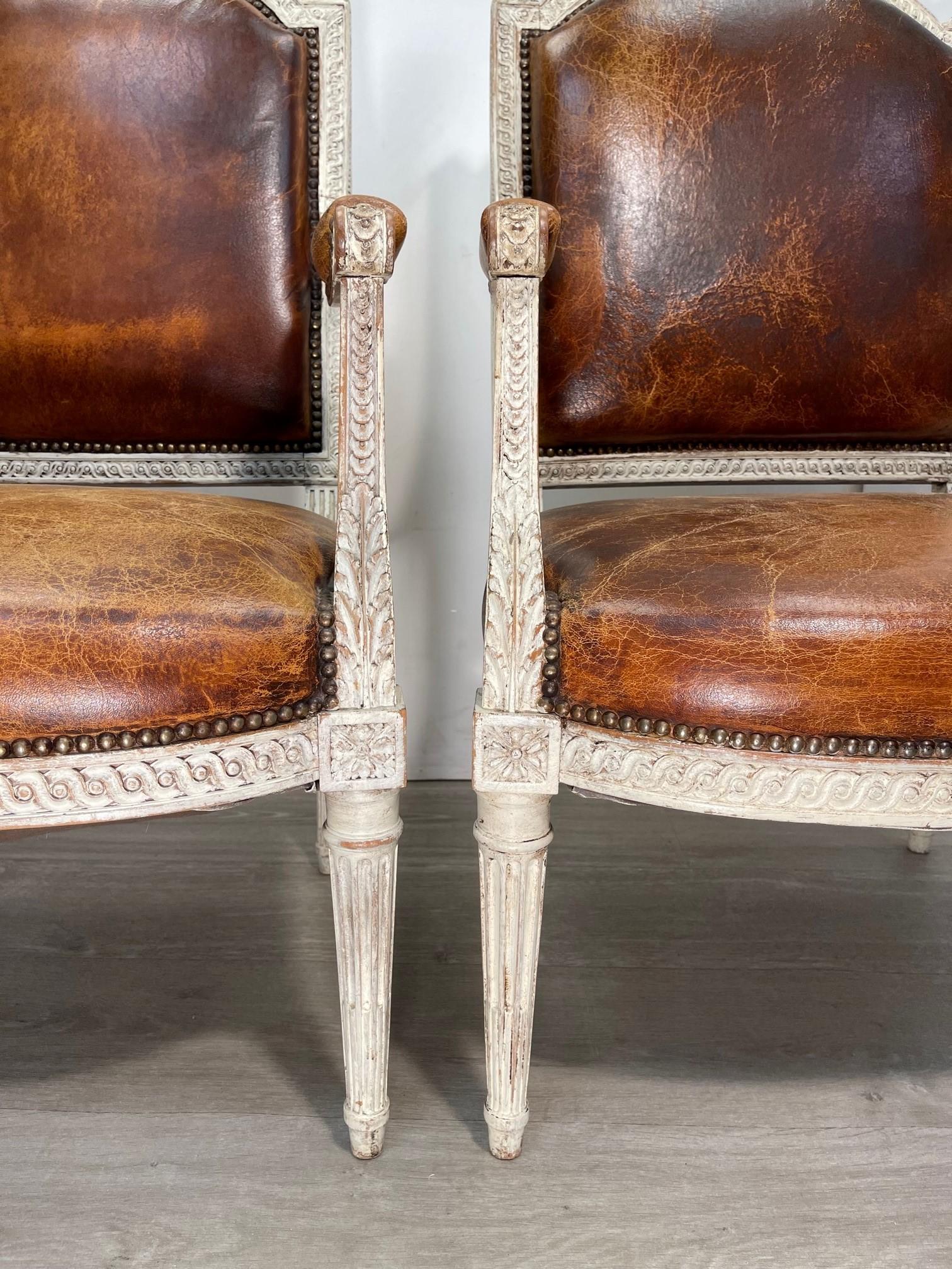 Pair Of Original Paint Antique Napoleon III Heritage Brown Leather Armchairs 2