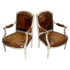 Pair Of Original Paint Antique Napoleon III Heritage Brown Leather Armchairs