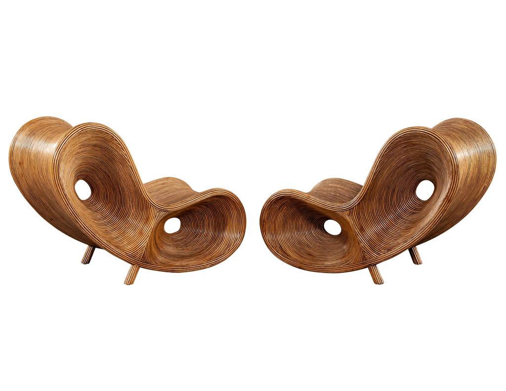 Post-Modern Pair of Original Pencil Rattan Sculptural Ear Chairs
