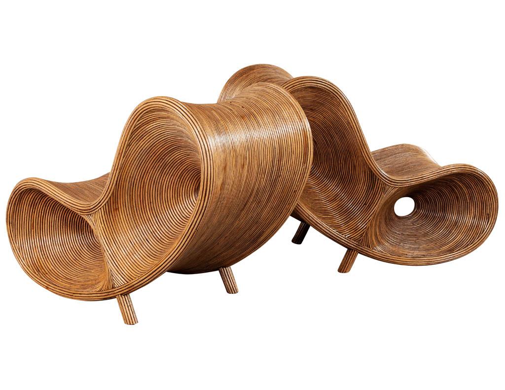 American Pair of Original Pencil Rattan Sculptural Ear Chairs