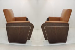 Paire de fauteuils club cubistes d'origine en bois de rose Art Déco français, rares et originaux