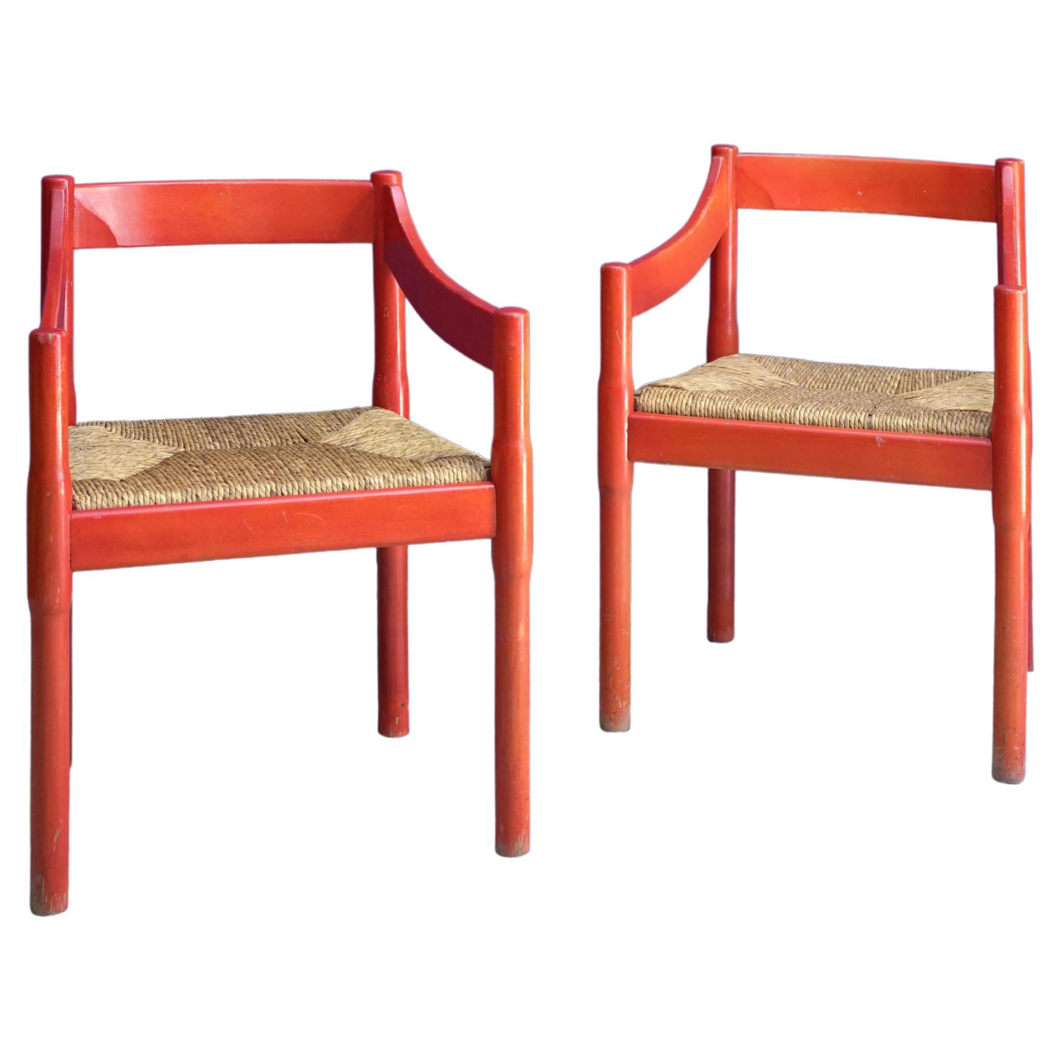 Pair of Original Red Carimate Armchairs by Vico Magistretti