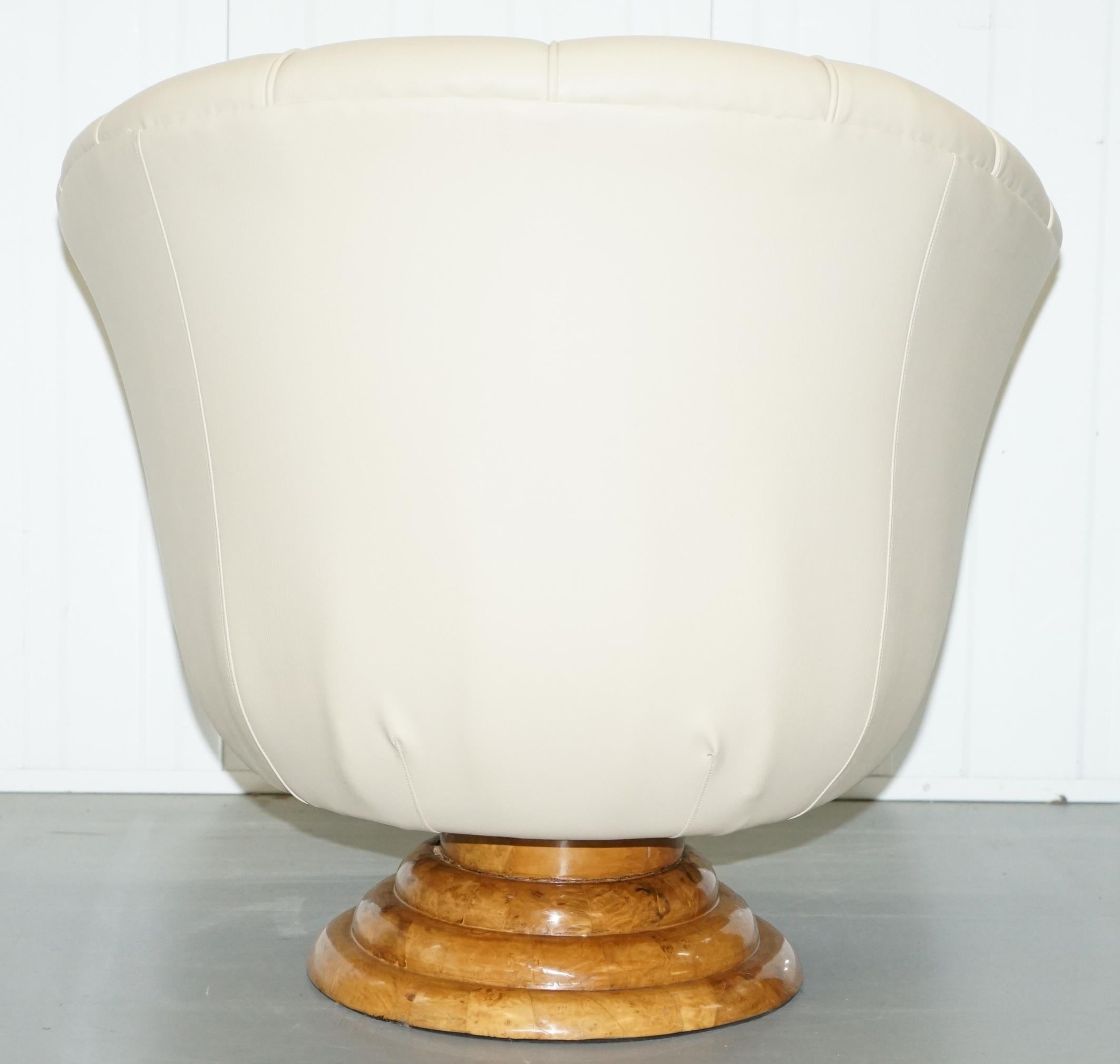 Pair of Original Restored Art Deco Tulip Armchairs Cream Leather Maple 5