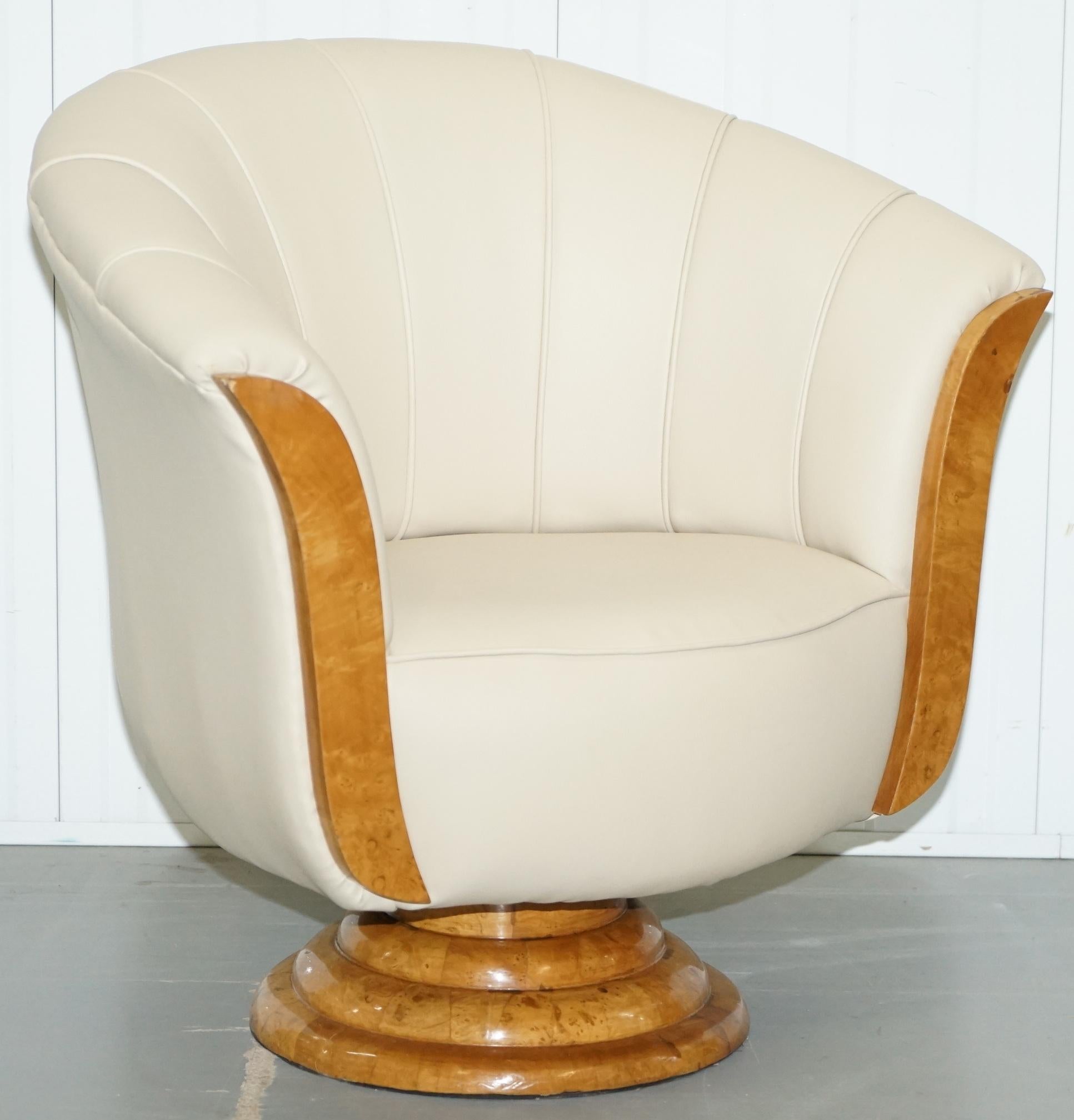 Pair of Original Restored Art Deco Tulip Armchairs Cream Leather Maple 7