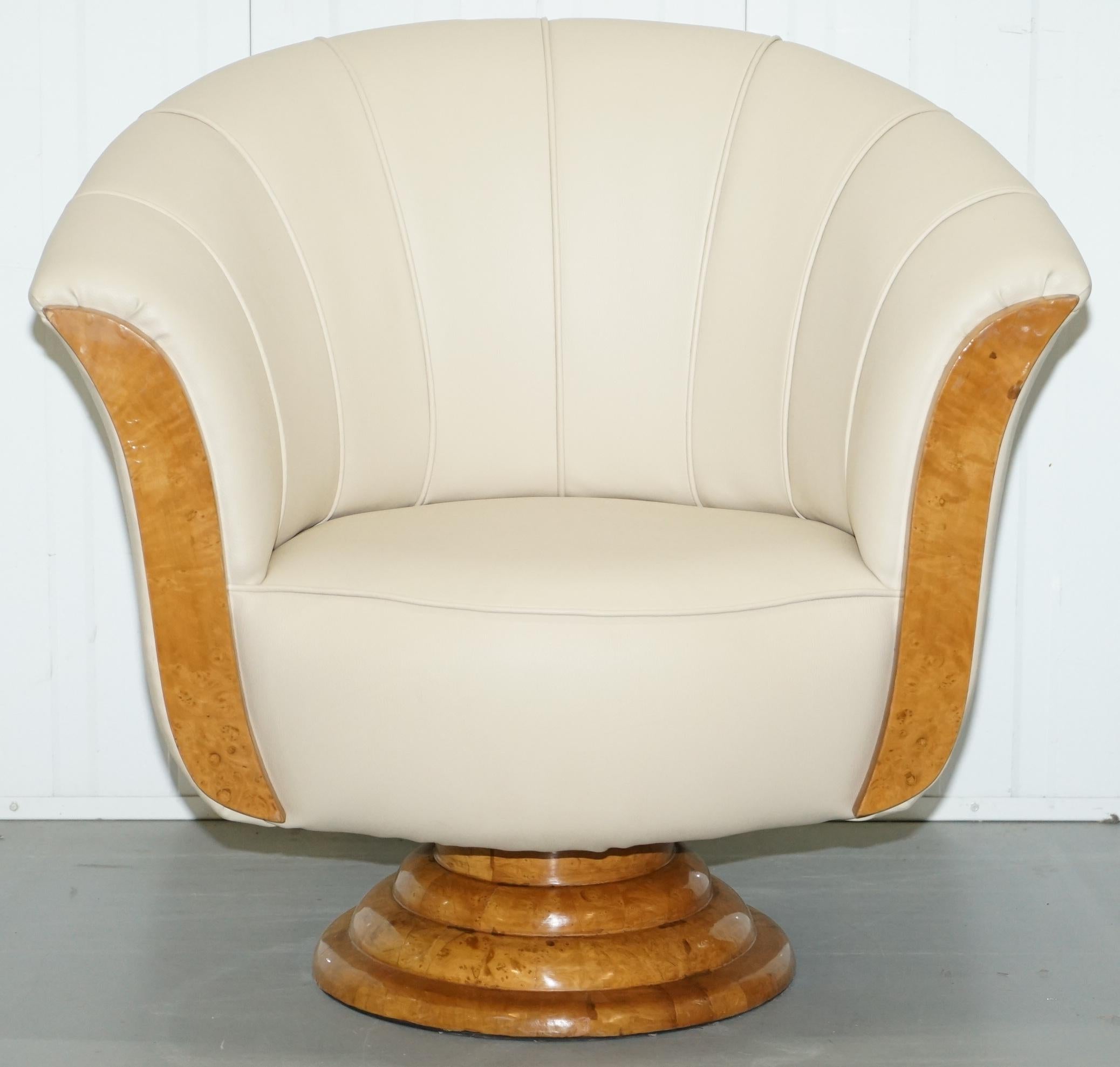 Pair of Original Restored Art Deco Tulip Armchairs Cream Leather Maple 8