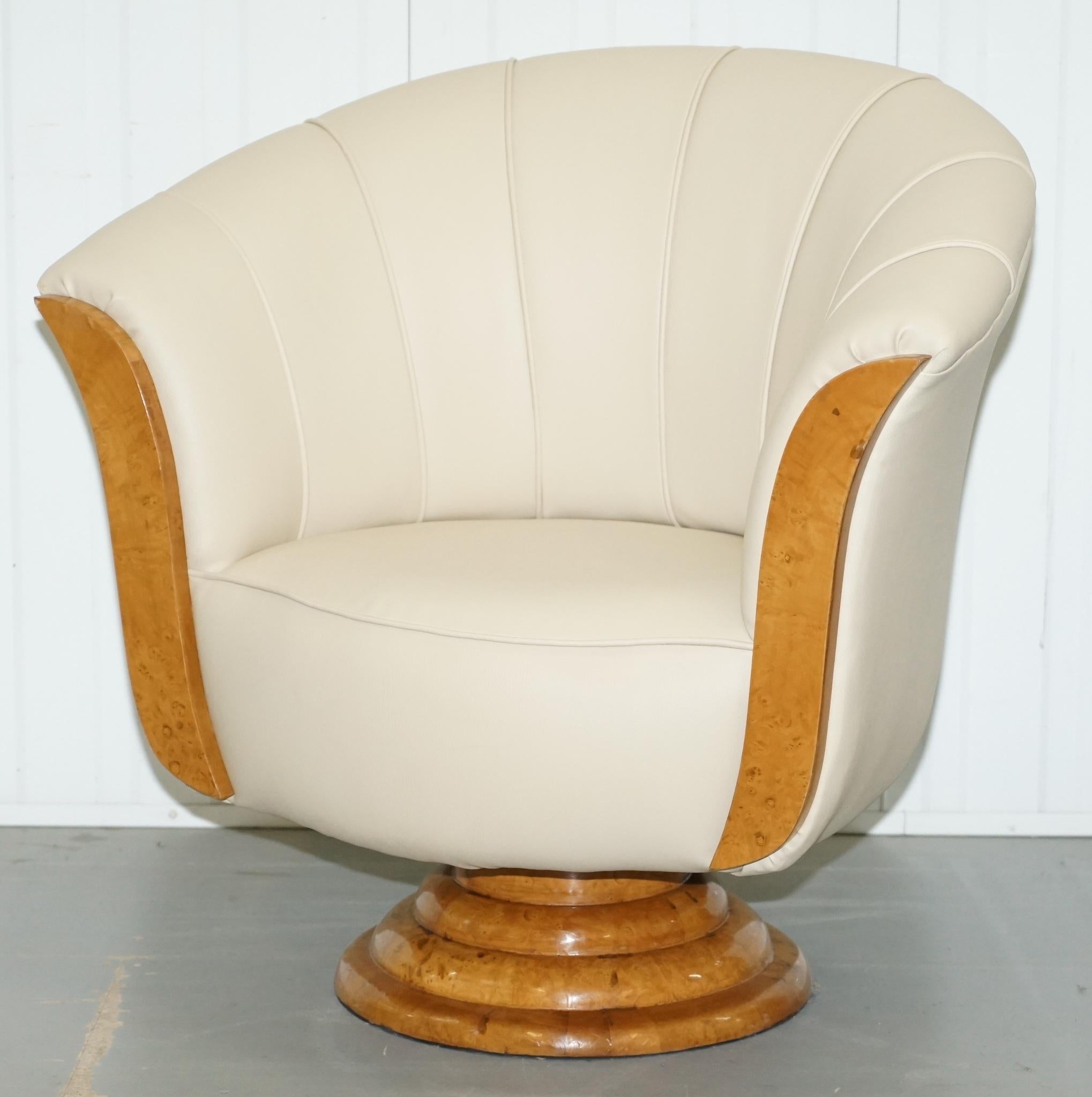 Pair of Original Restored Art Deco Tulip Armchairs Cream Leather Maple 9