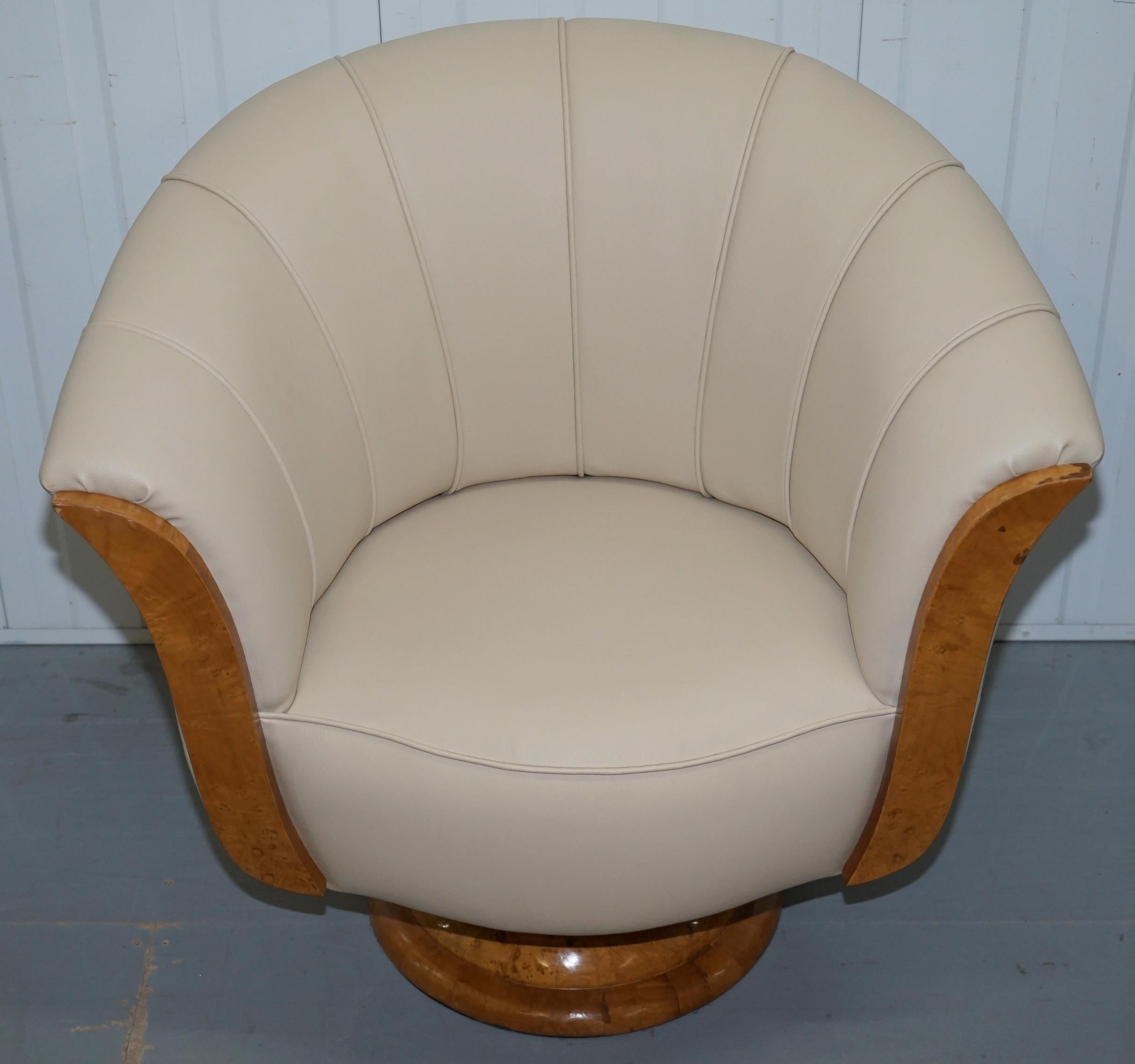 Pair of Original Restored Art Deco Tulip Armchairs Cream Leather Maple 10