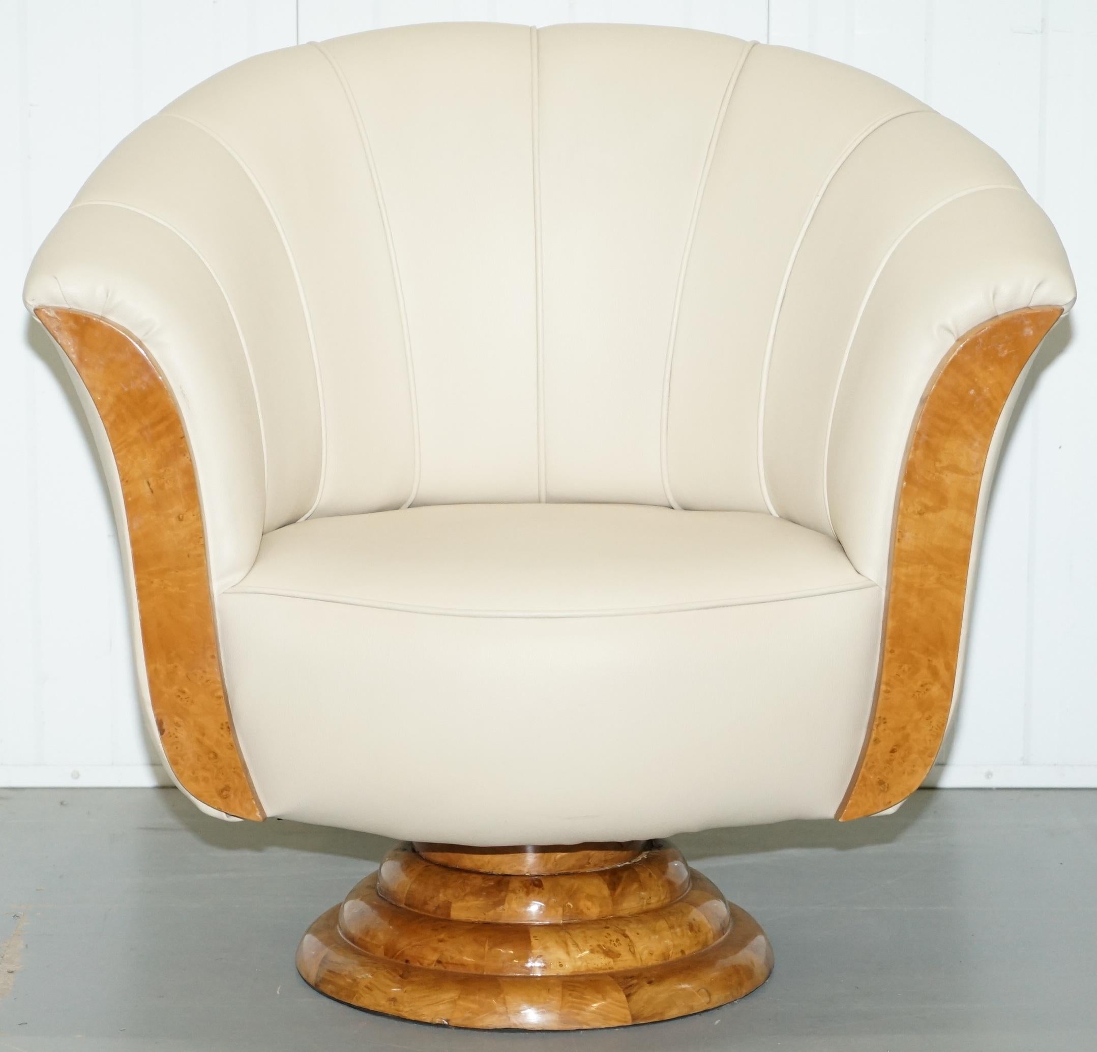 English Pair of Original Restored Art Deco Tulip Armchairs Cream Leather Maple