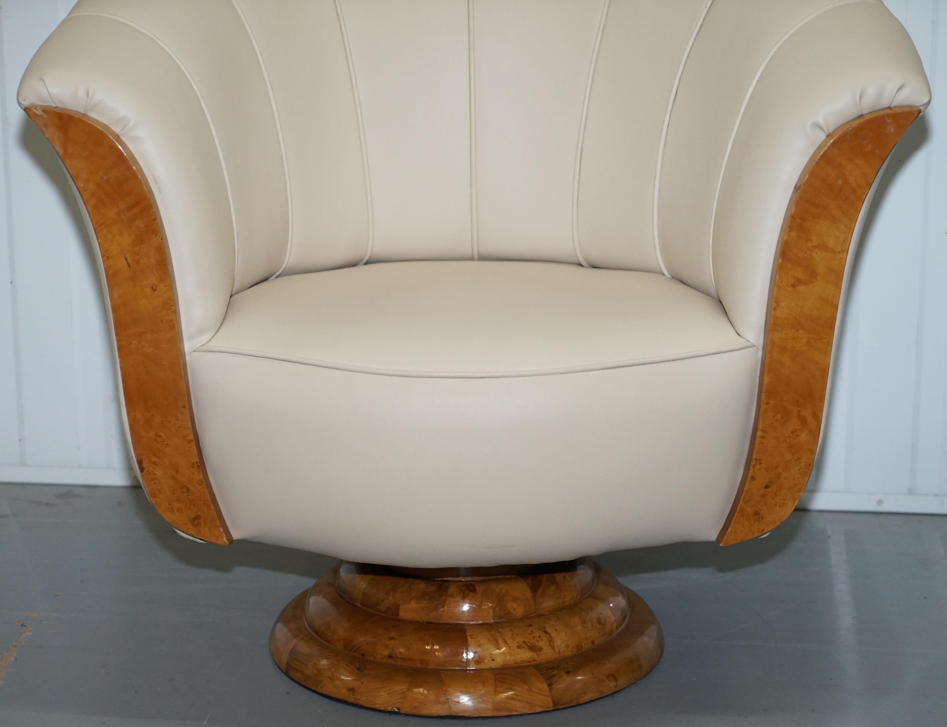 Pair of Original Restored Art Deco Tulip Armchairs Cream Leather Maple 1