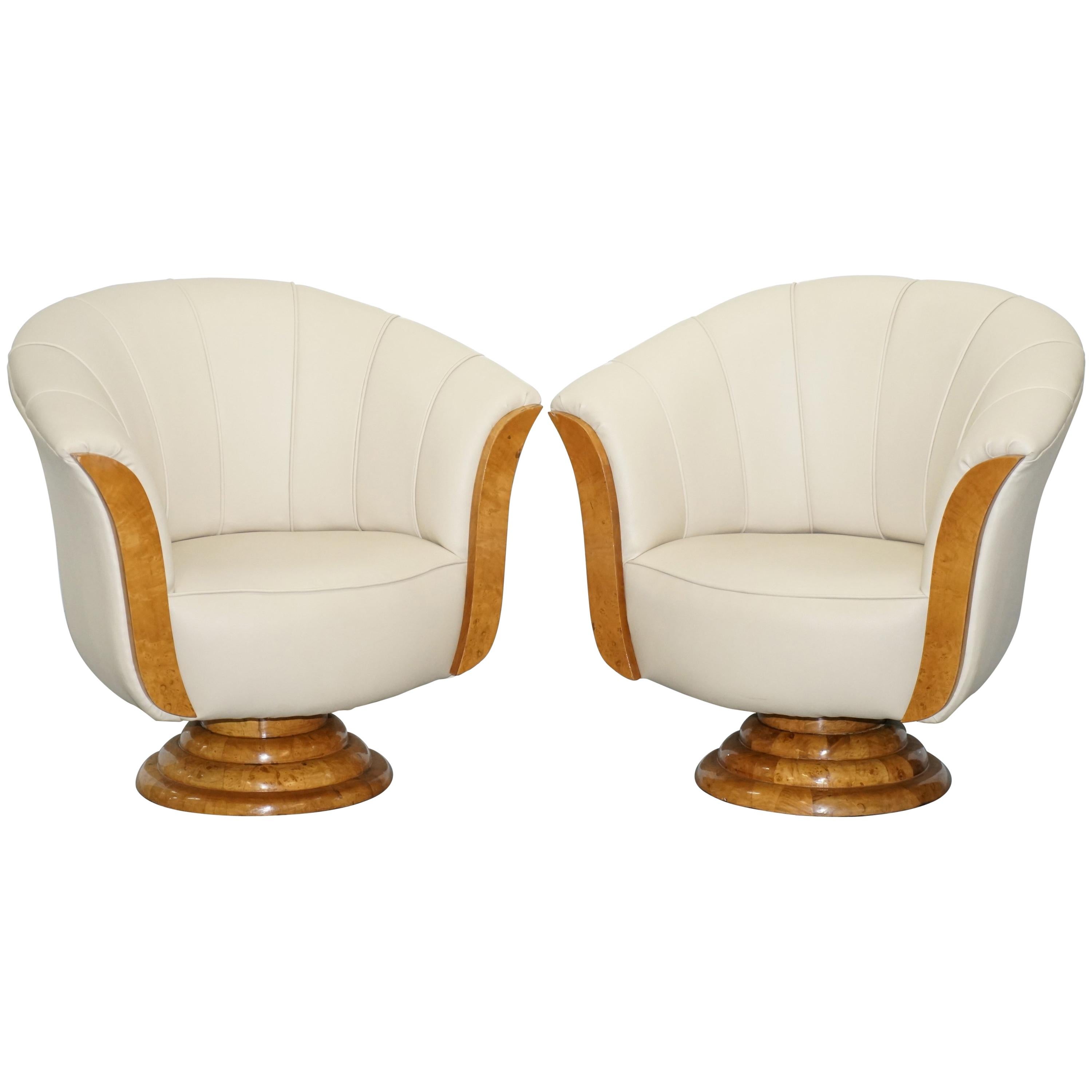 Pair of Original Restored Art Deco Tulip Armchairs Cream Leather Maple
