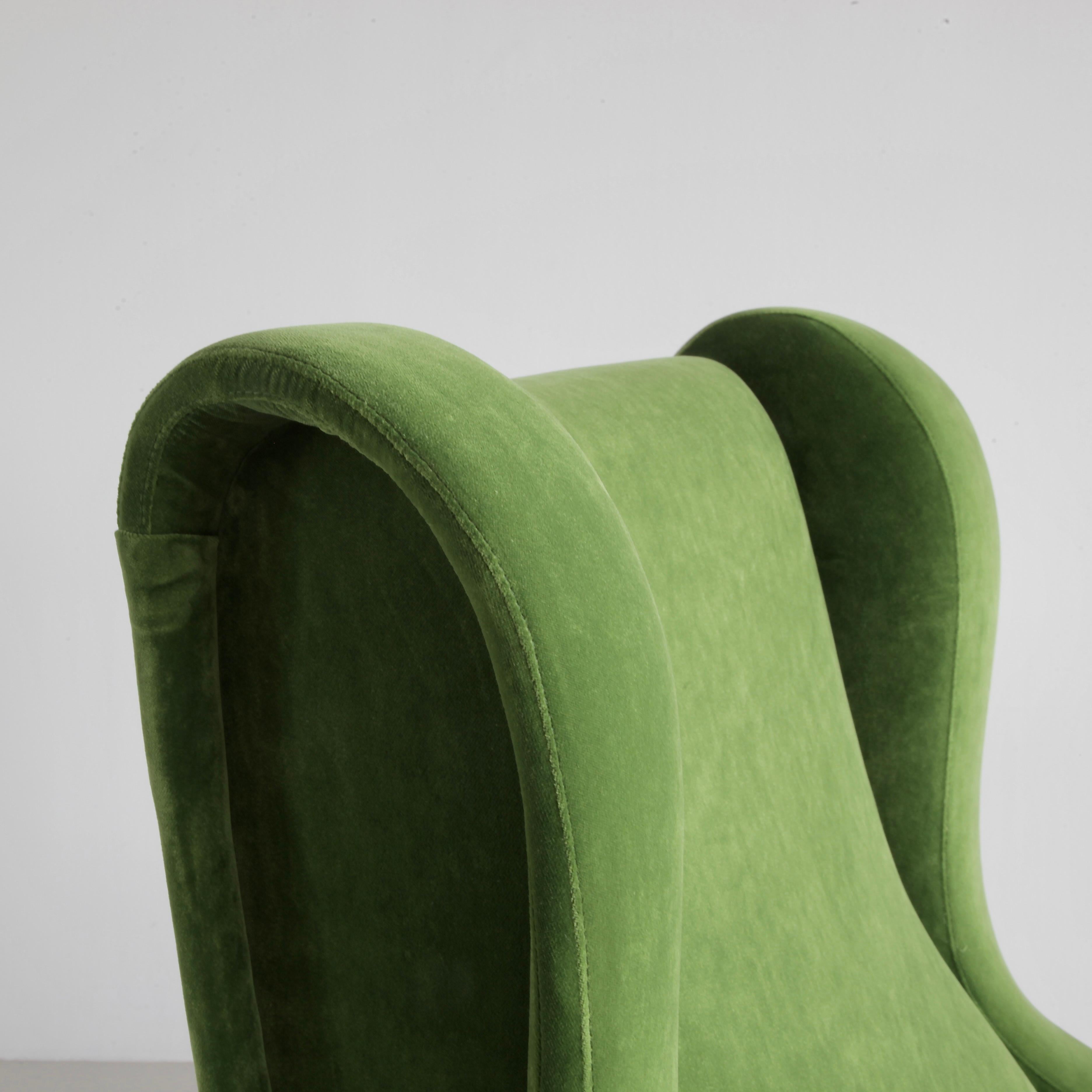 An early original pair of the 'Senior' lounge chair, upholstered in new green English velvet. Metal frame with brass leg fittings and wooden construction.

Literature: Repertorio del Design Italiano 1950-2000, p. 25, illustrated.

Marco Zanuso