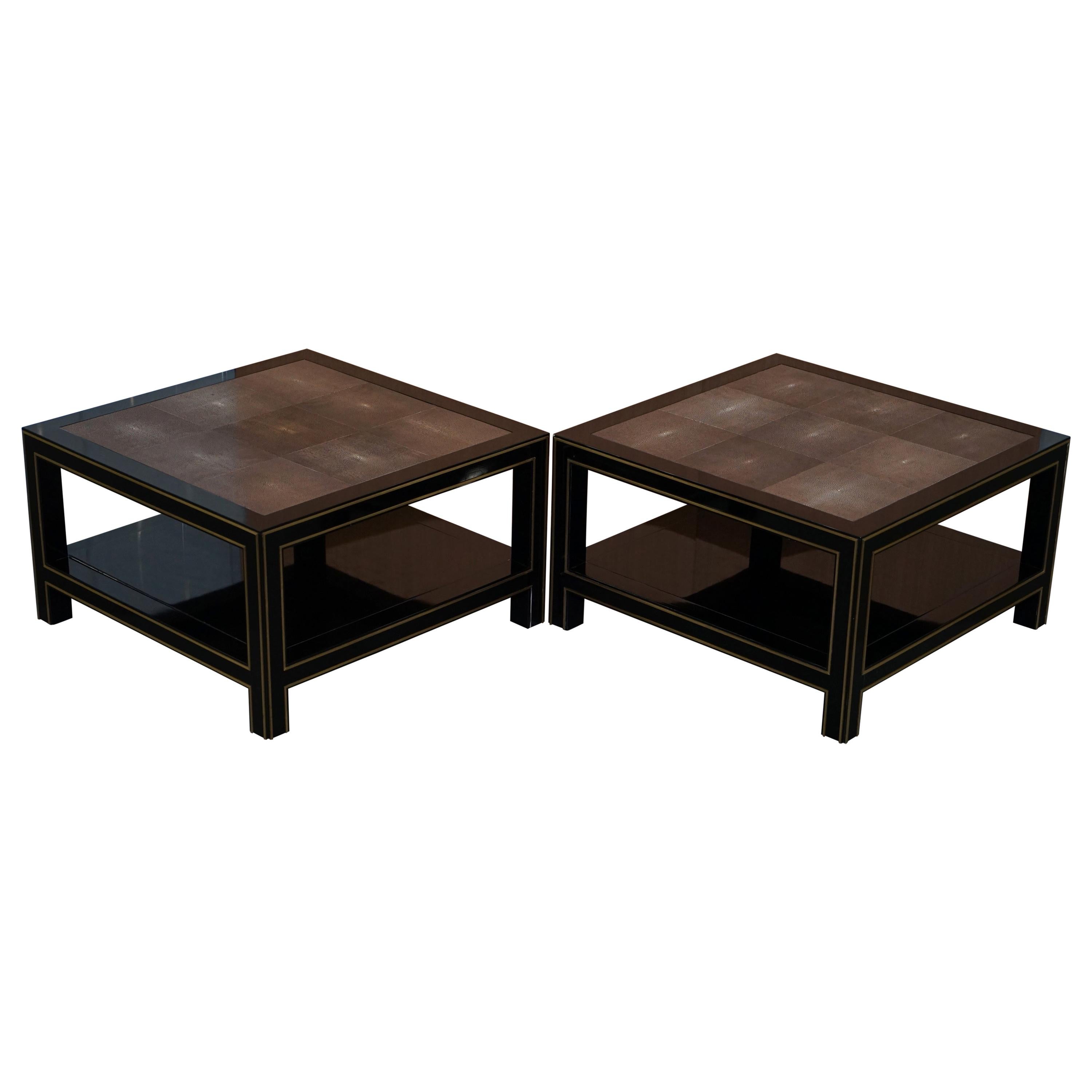 Pair of Original Shagreen Gilt Metal Large Side Coffee End Tables For Sale