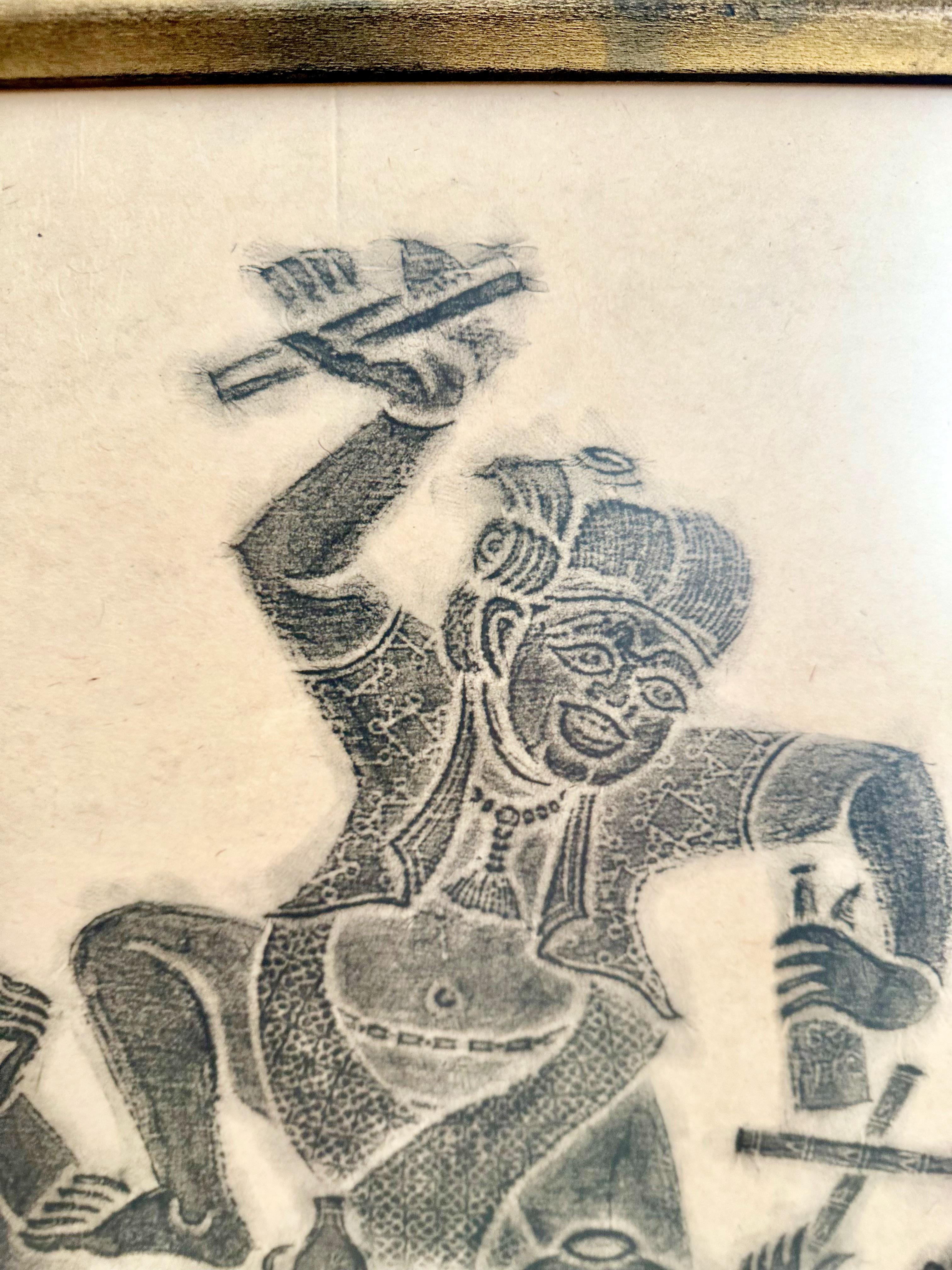 Paar Original Thai Tempel Kohle Reibung gerahmte Kunst im Angebot 5