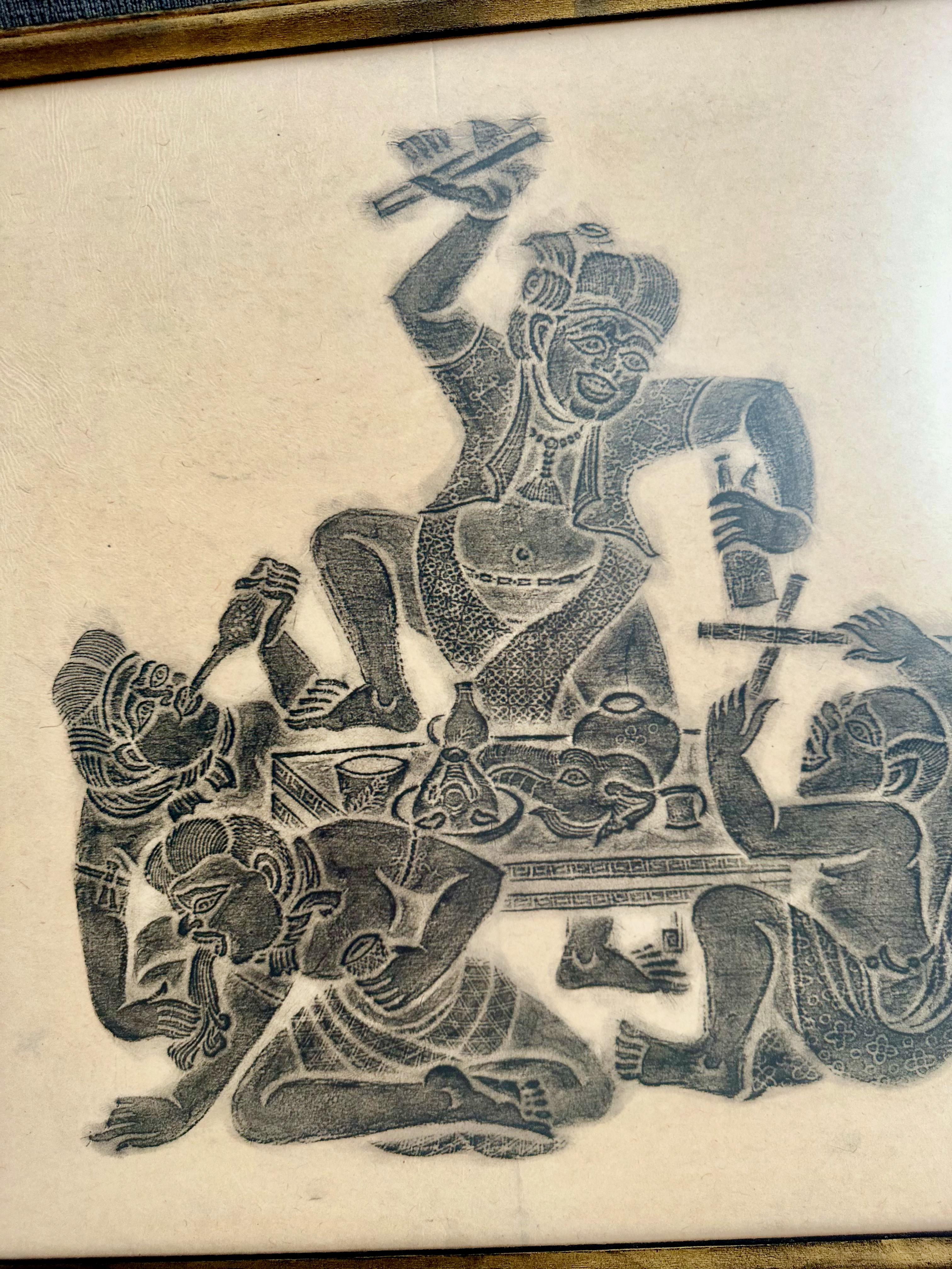 Paar Original Thai Tempel Kohle Reibung gerahmte Kunst im Angebot 6