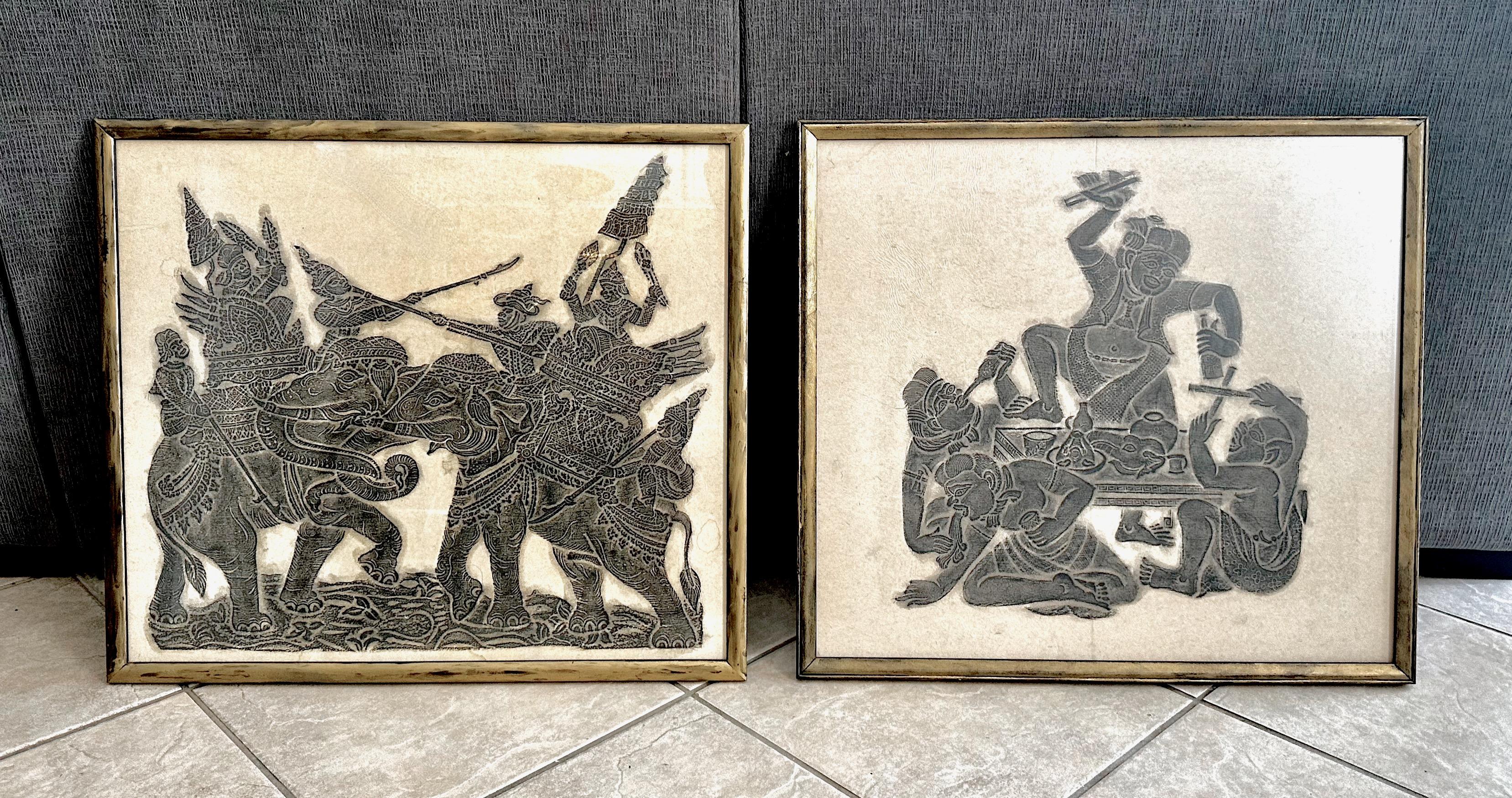 Paar Original Thai Tempel Kohle Reibung gerahmte Kunst im Angebot 11