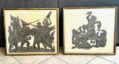 Pair of Original Thai Temple Charcoal Rubbing Framed Art