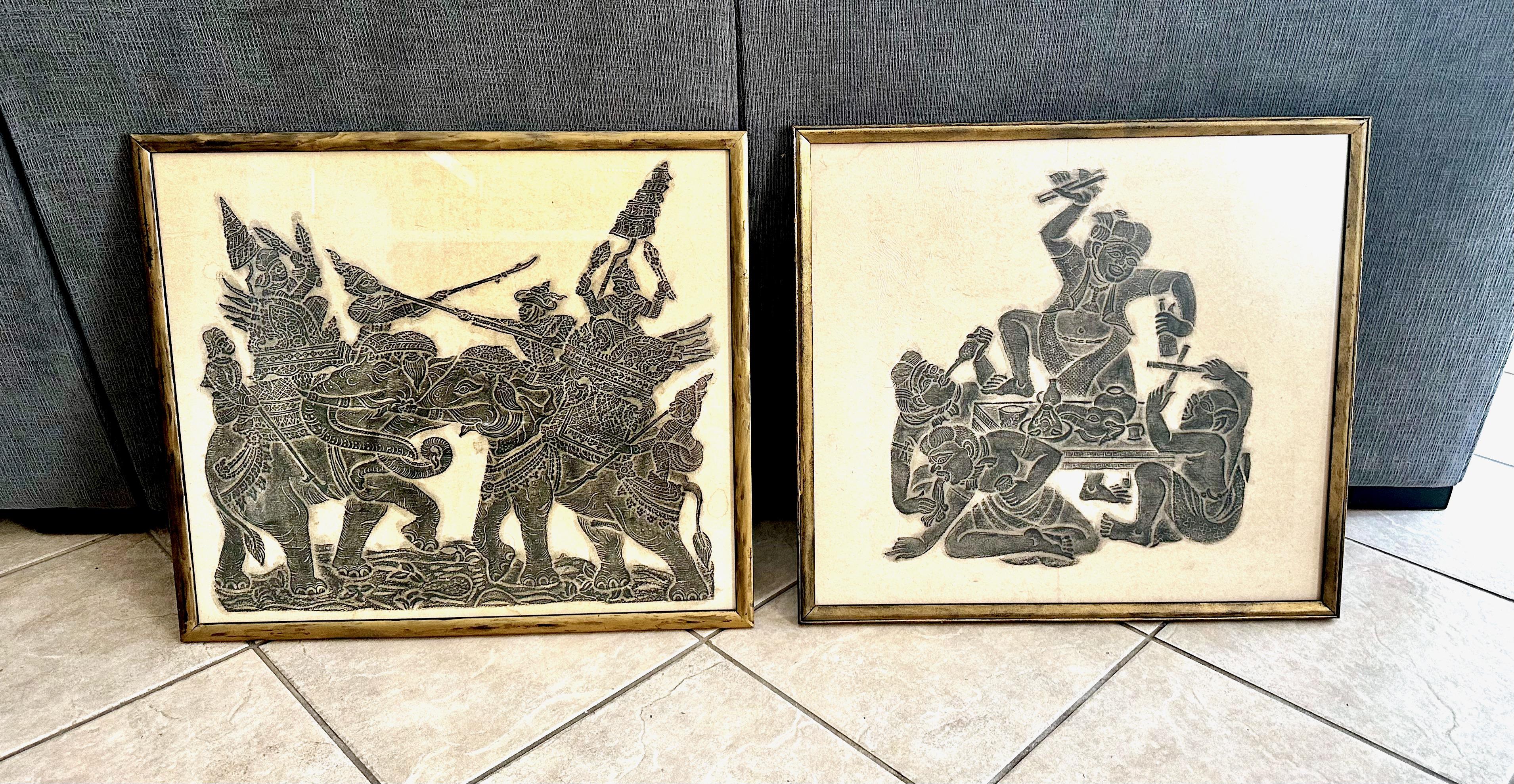 Paar Original Thai Tempel Kohle Reibung gerahmte Kunst (Thailändisch) im Angebot