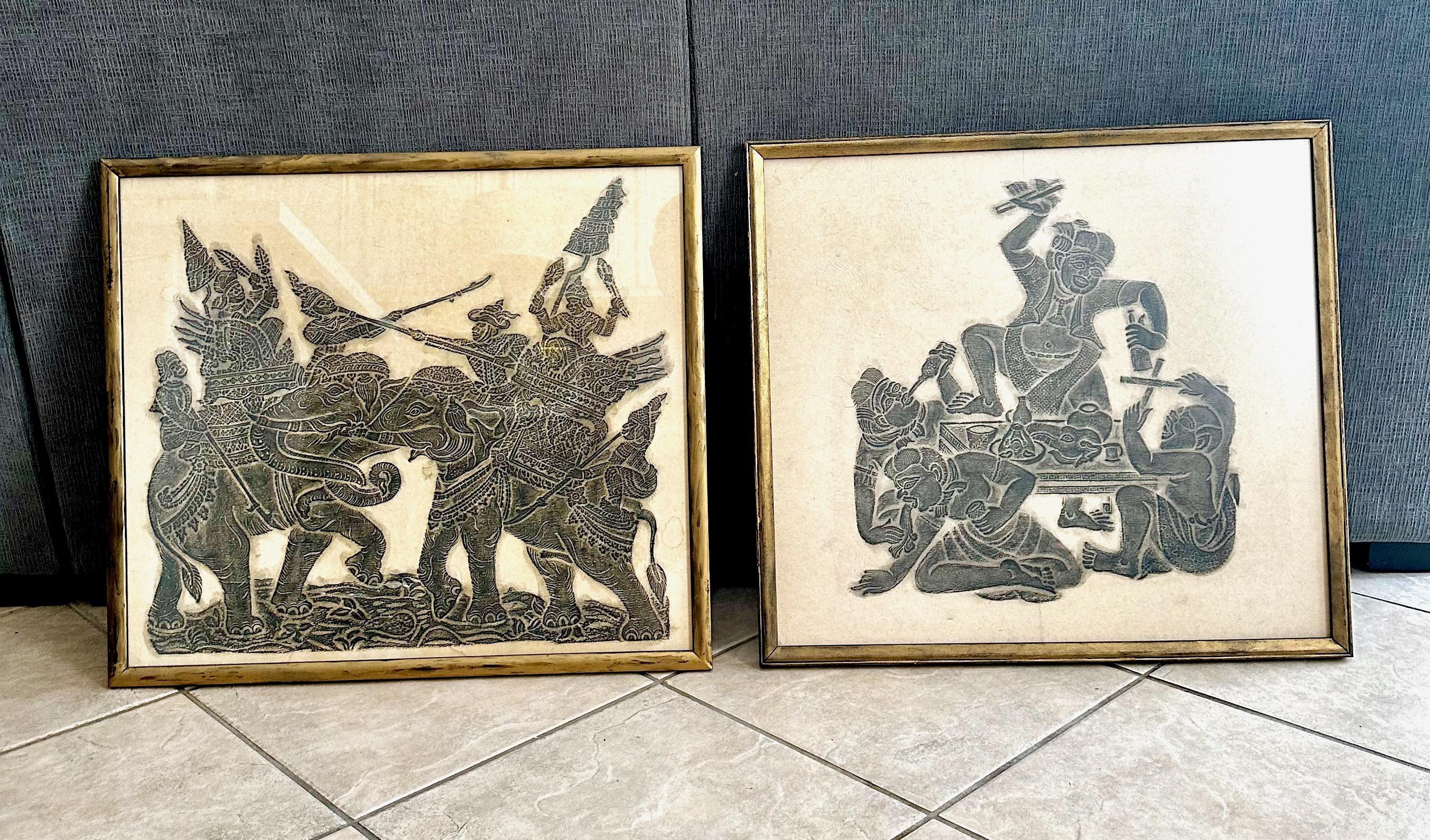 Paar Original Thai Tempel Kohle Reibung gerahmte Kunst (Holz) im Angebot