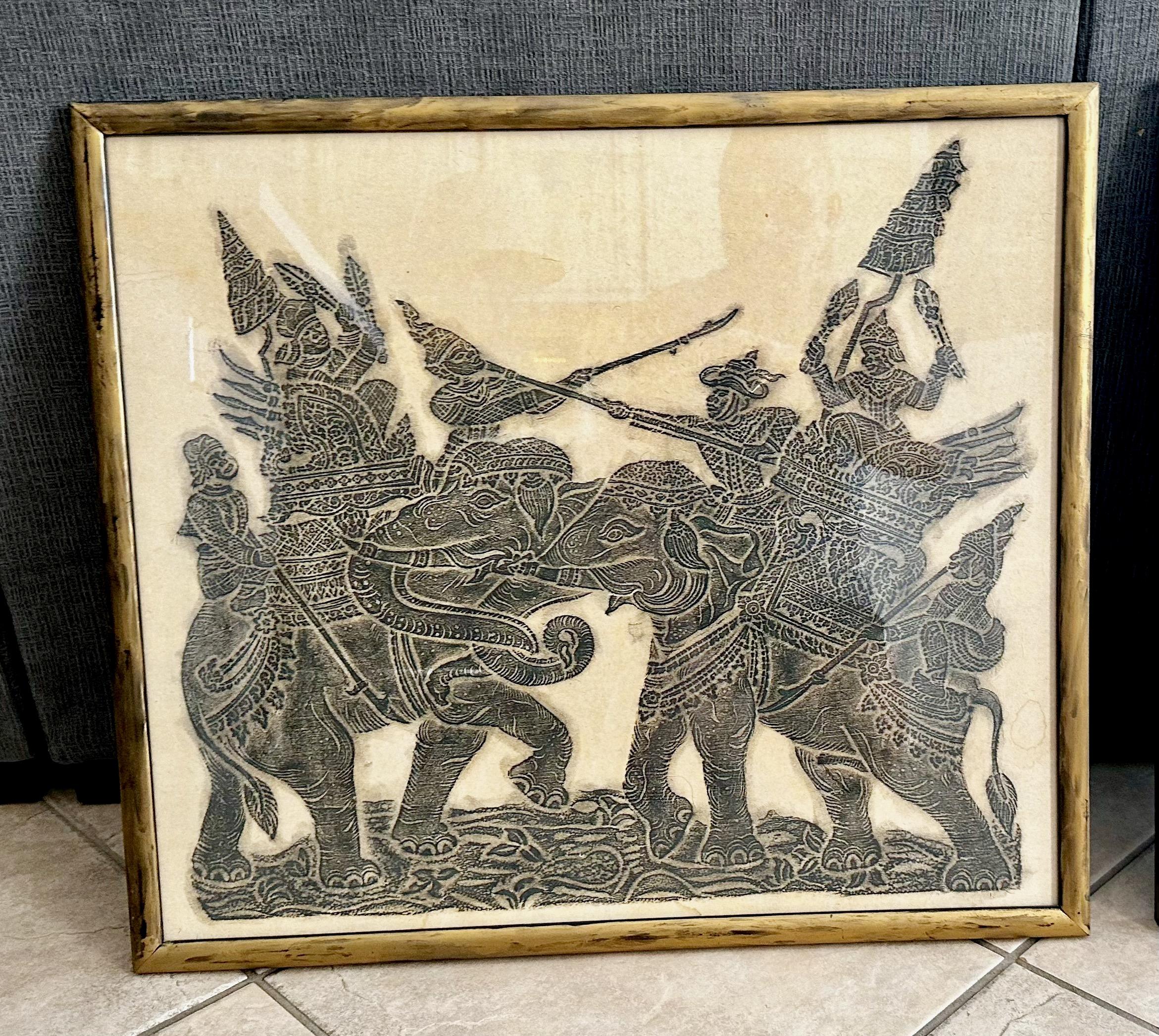 Paar Original Thai Tempel Kohle Reibung gerahmte Kunst im Angebot 1