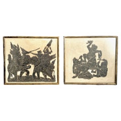Pair of Original Thai Temple Charcoal Rubbing Framed Art