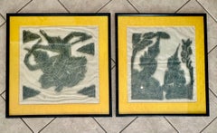 Pair of Original Thailand Temple Charcoal Rubbing Framed Art