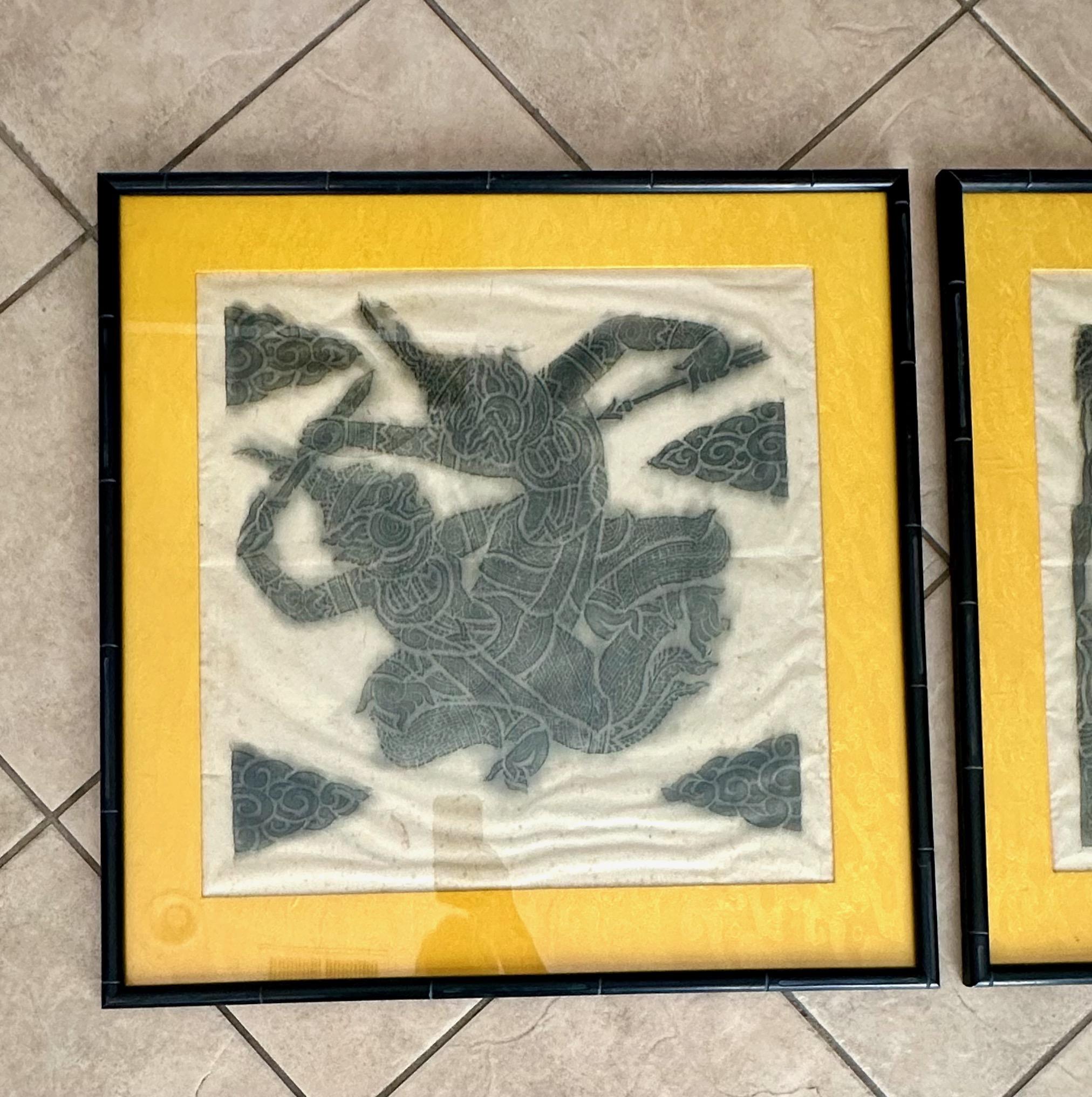 Pareja de obras de arte originales de Tailandia Templo de carboncillo con marco en Bueno estado para la venta en Palm Springs, CA