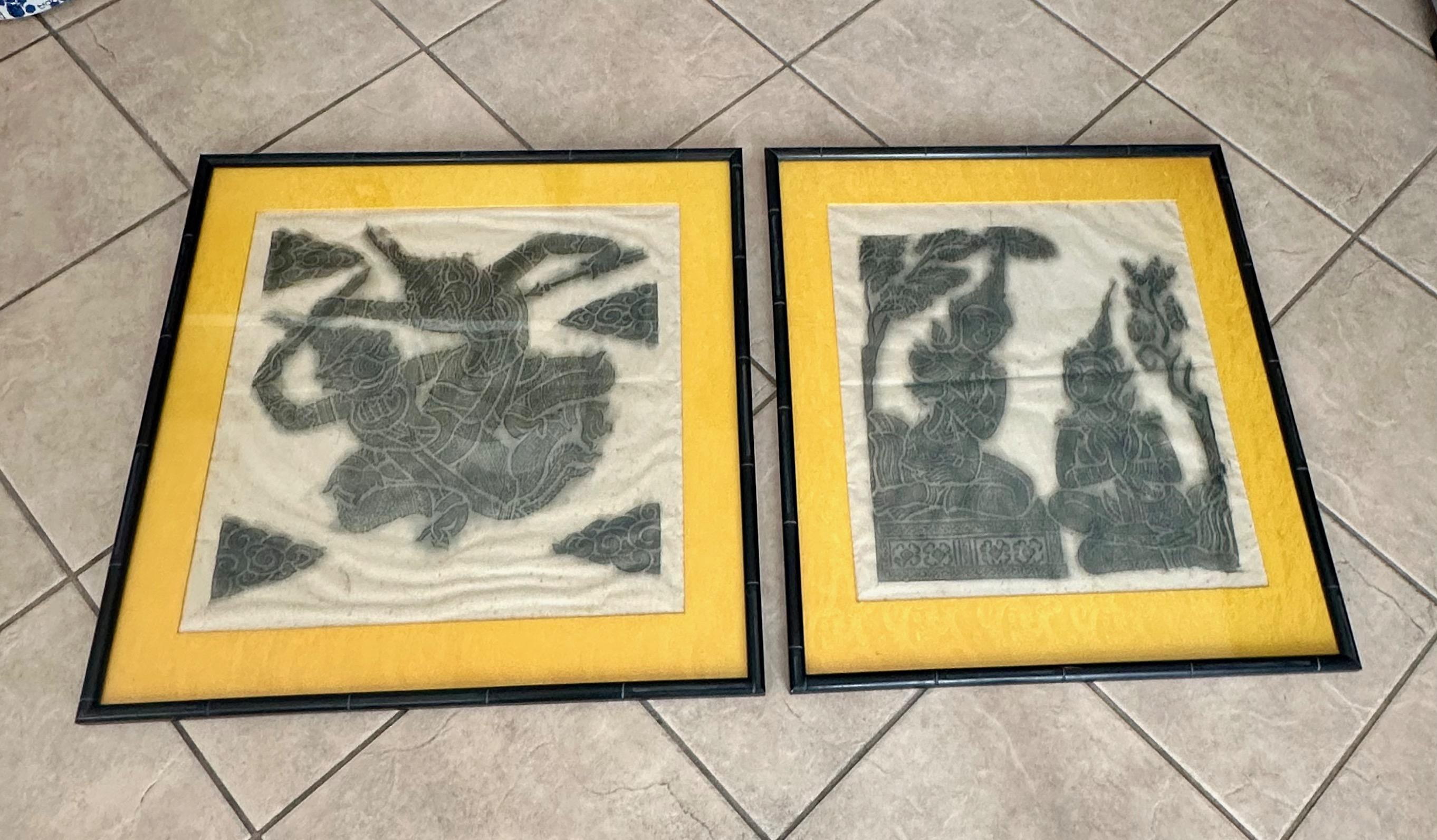 Pareja de obras de arte originales de Tailandia Templo de carboncillo con marco Madera en venta