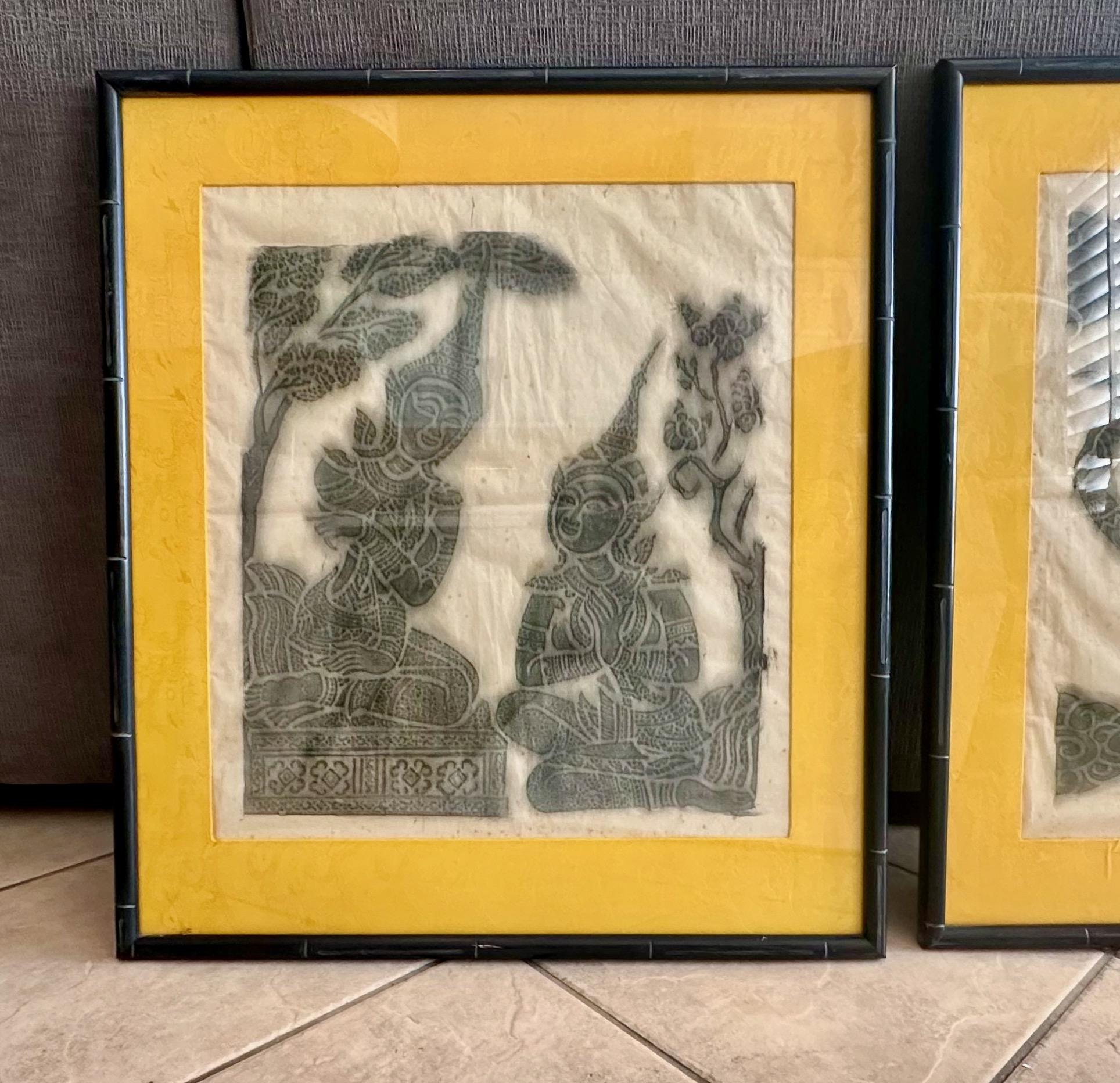 Pareja de obras de arte originales de Tailandia Templo de carboncillo con marco en venta 3