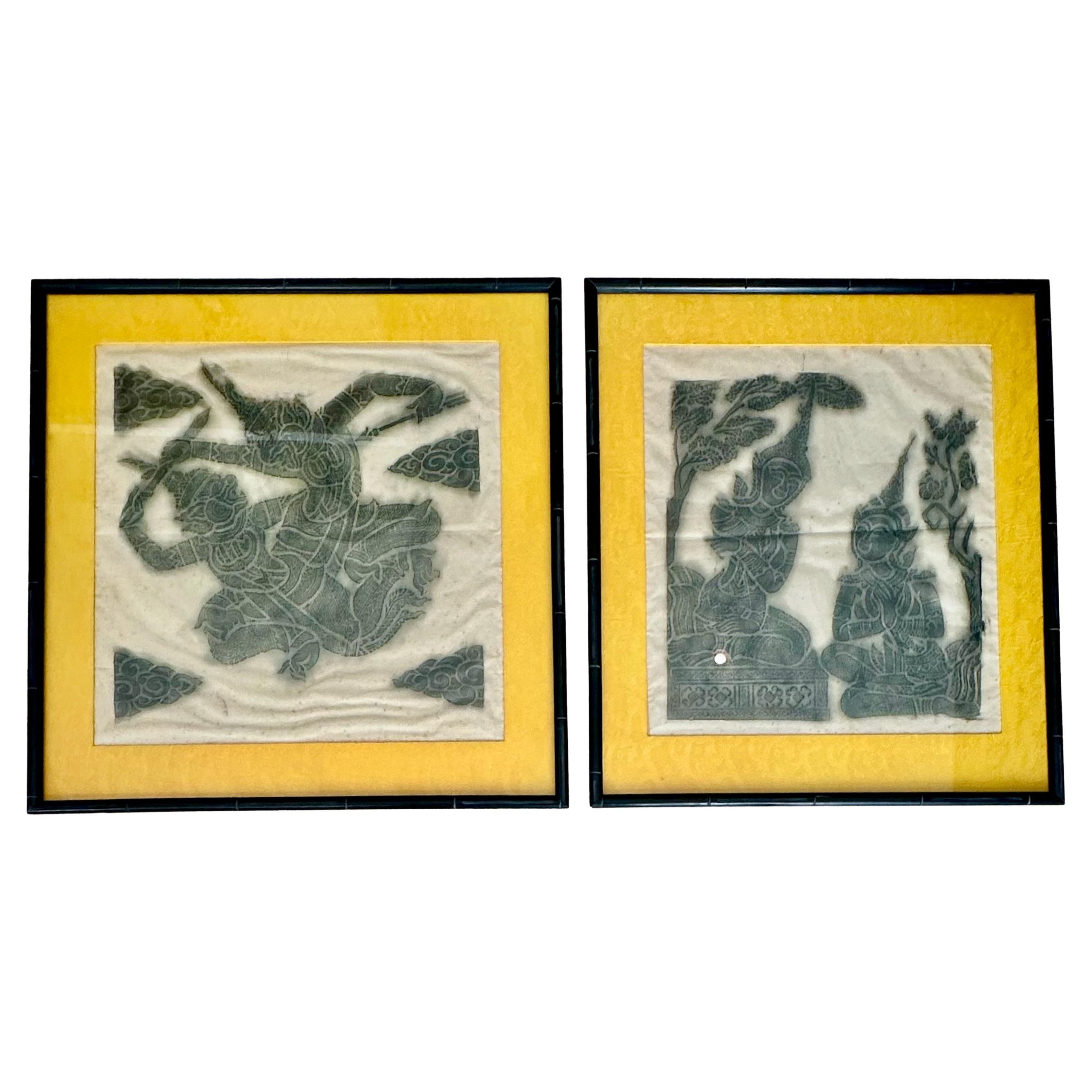 Pair of Original Thailand Temple Charcoal Rubbing Framed Art