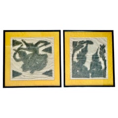 Pair of Original Thailand Temple Charcoal Rubbing Framed Art